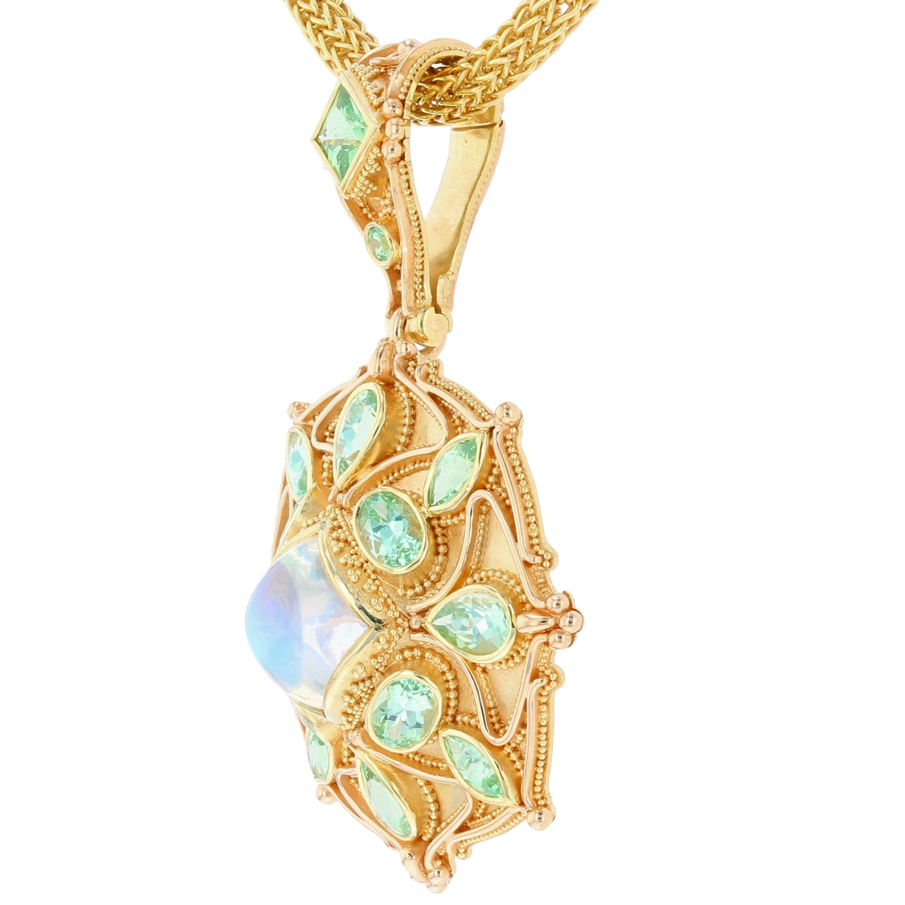 Women's or Men's Kent Raible Rainbow Moonstone Mandala 18 Karat Gold Pendant Enhancer For Sale