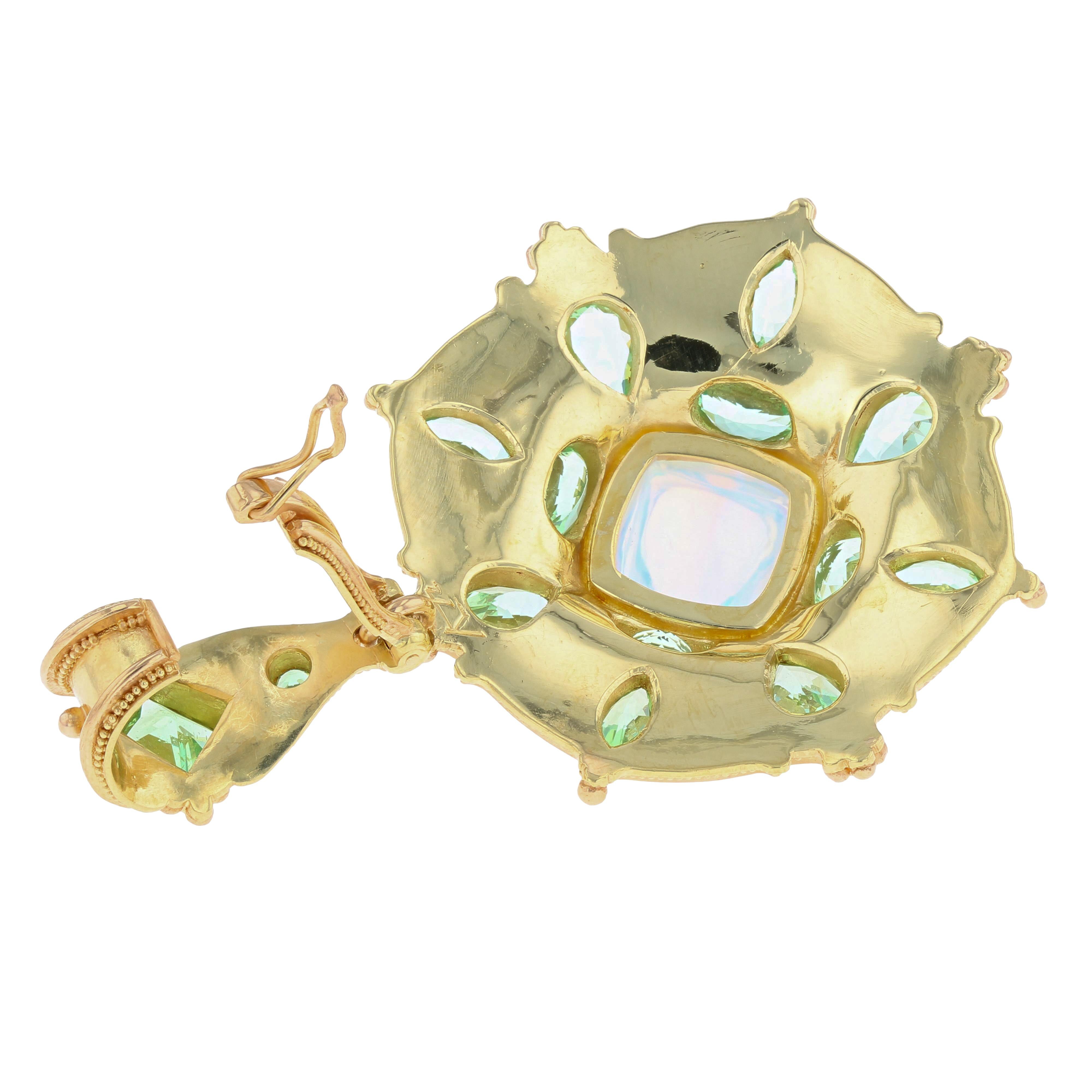 Kent Raible Rainbow Moonstone Mandala 18 Karat Gold Pendant Enhancer In New Condition For Sale In Mossrock, WA