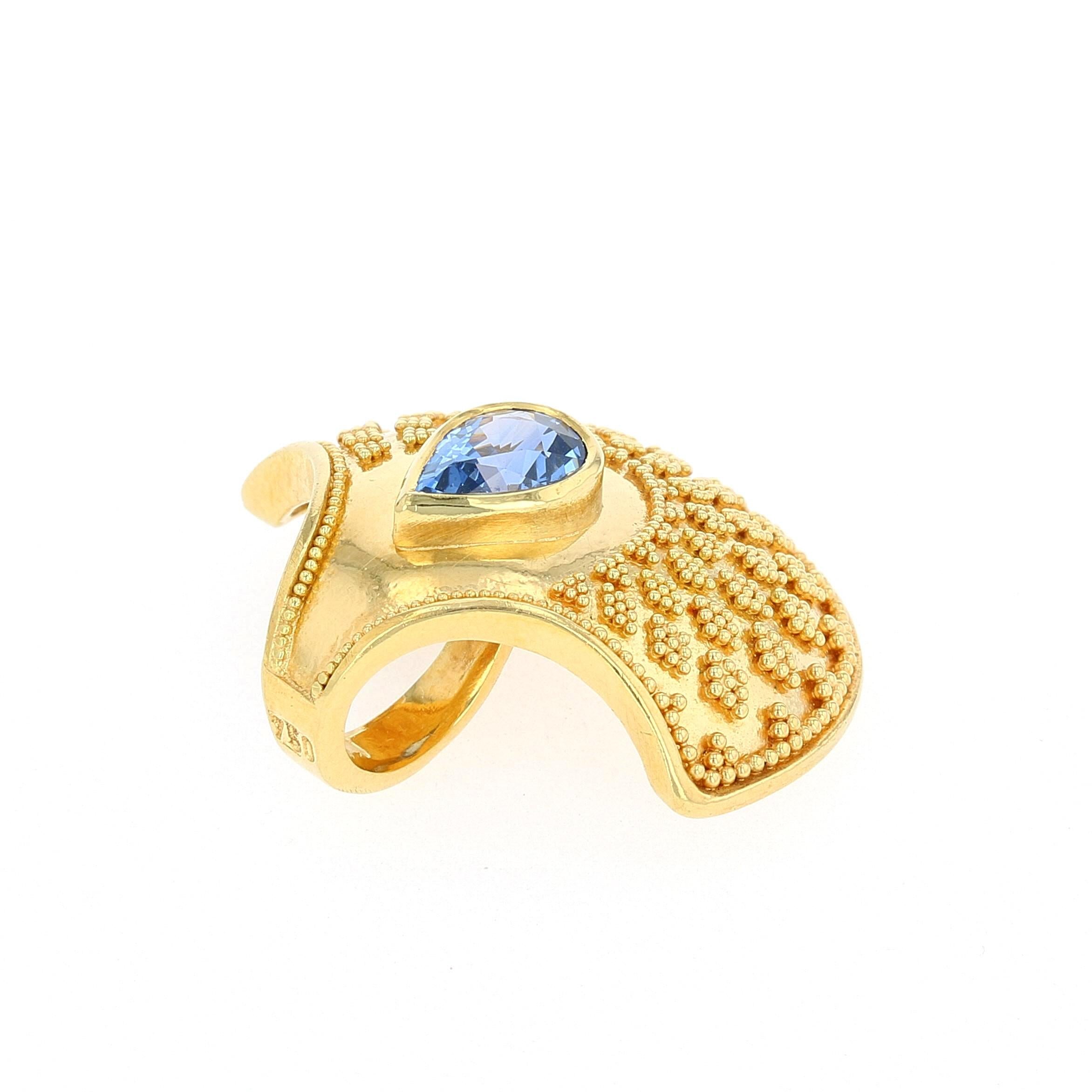 Pear Cut Kent Raible Shell Drop Pendant with Blue Sapphire and 18 Karat Gold Granulation