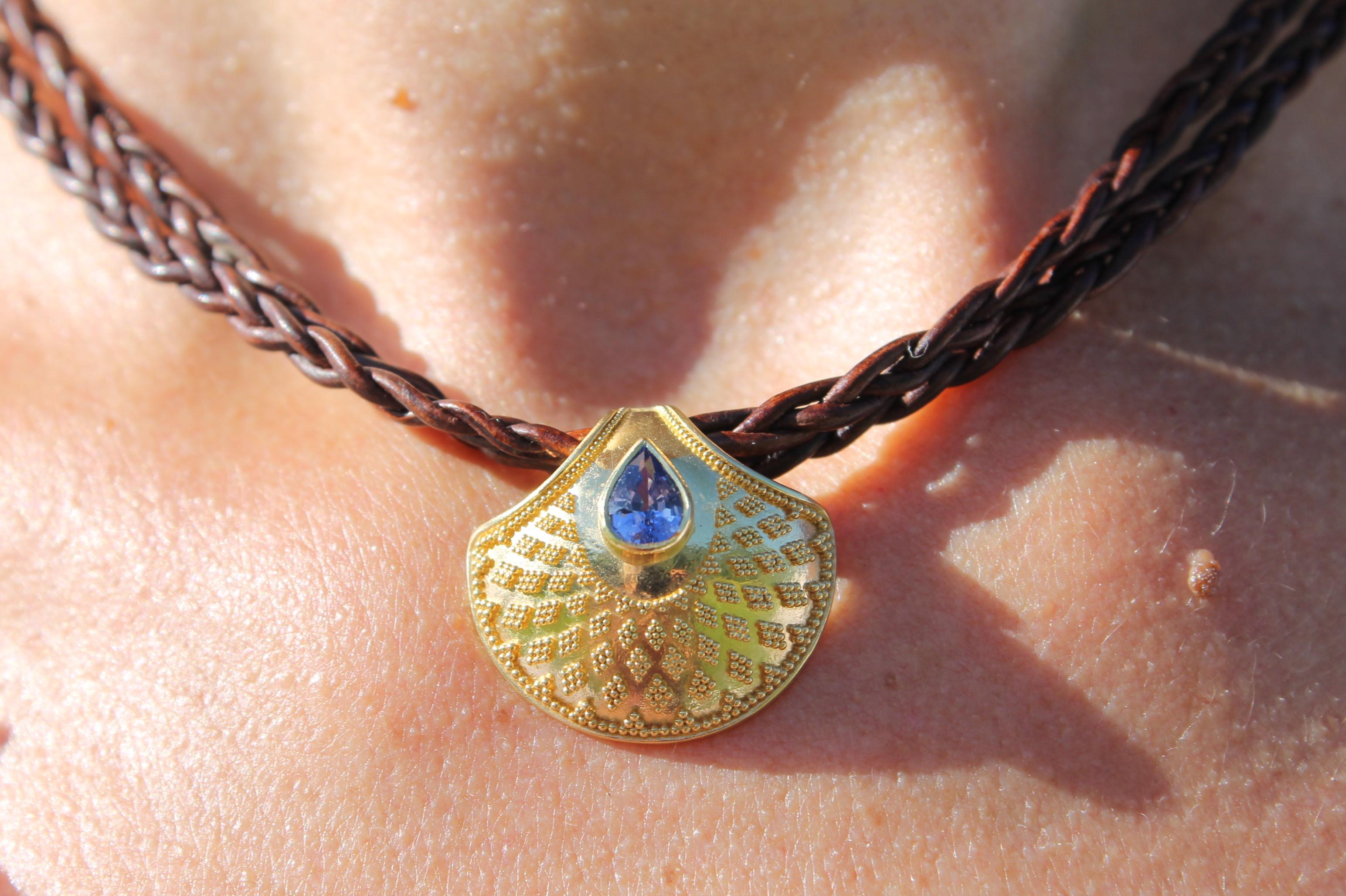 Women's or Men's Kent Raible Shell Drop Pendant with Blue Sapphire and 18 Karat Gold Granulation