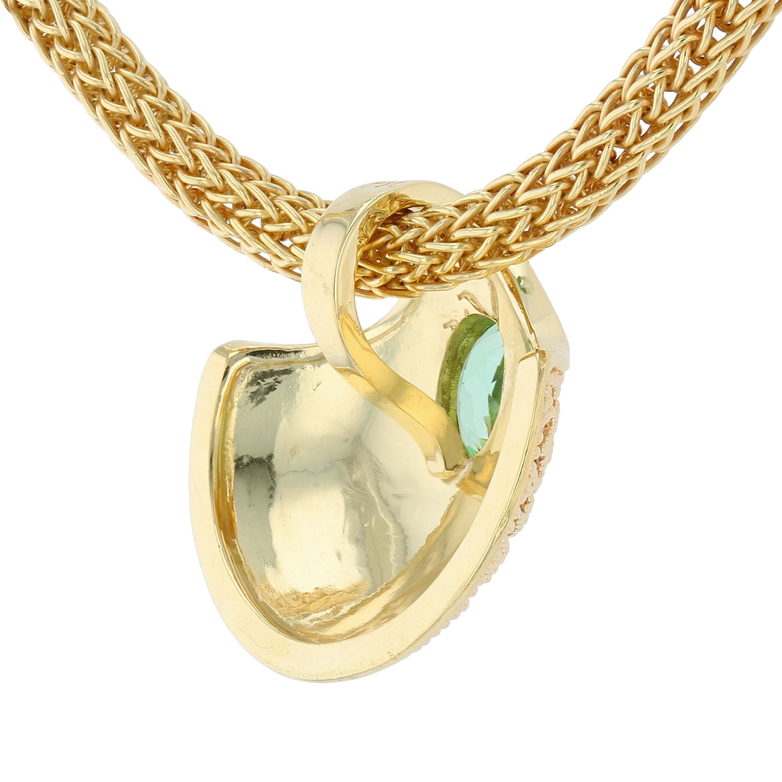 Kent Raible Shell Drop Pendant with Green Garnet and 18 Karat Gold Granulation In New Condition In Mossrock, WA