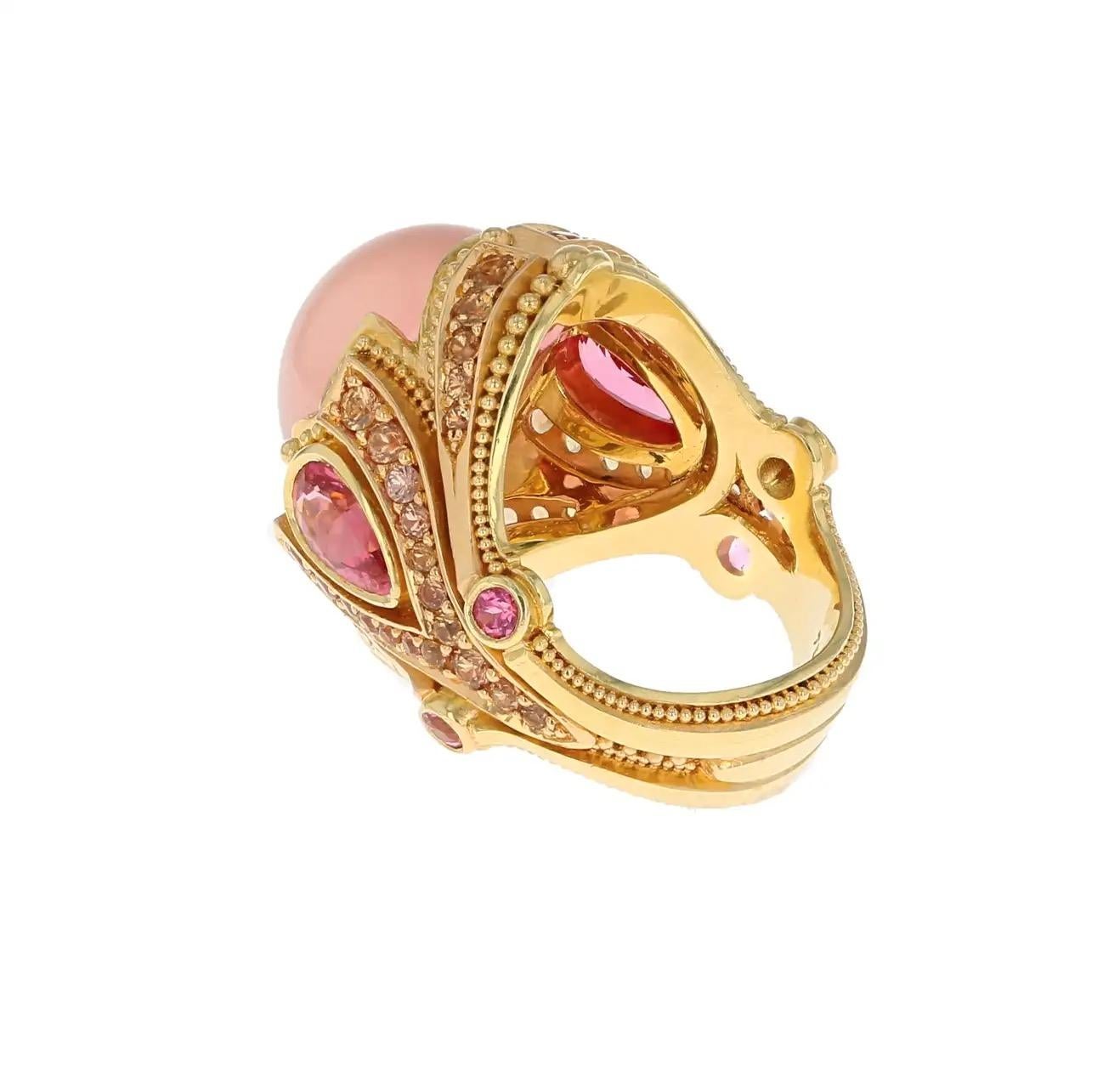Women's or Men's Kent Raible Star Rose Quartz, Spinel and Sapphire 18 Karat Gold Cocktail Ring For Sale