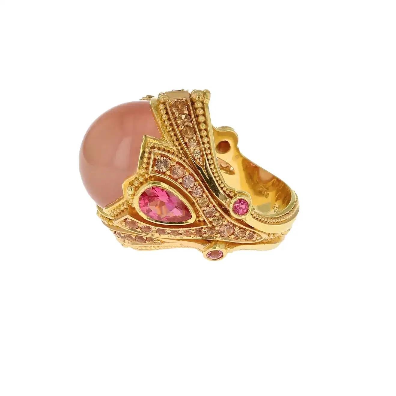 Kent Raible Star Rose Quartz, Spinel and Sapphire 18 Karat Gold Cocktail Ring For Sale 1
