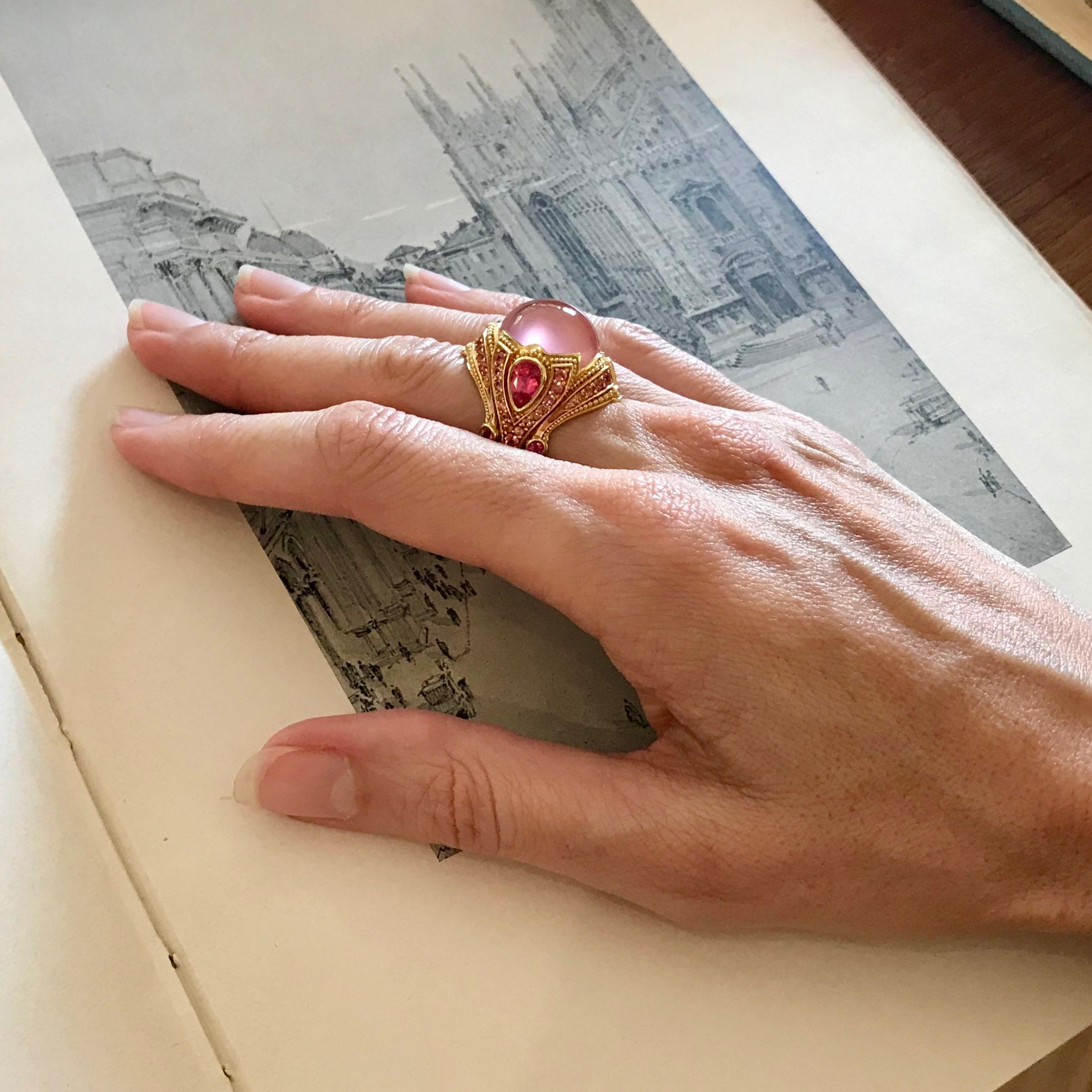 Kent Raible Star Rose Quartz, Spinel and Sapphire 18 Karat Gold Cocktail Ring For Sale 2