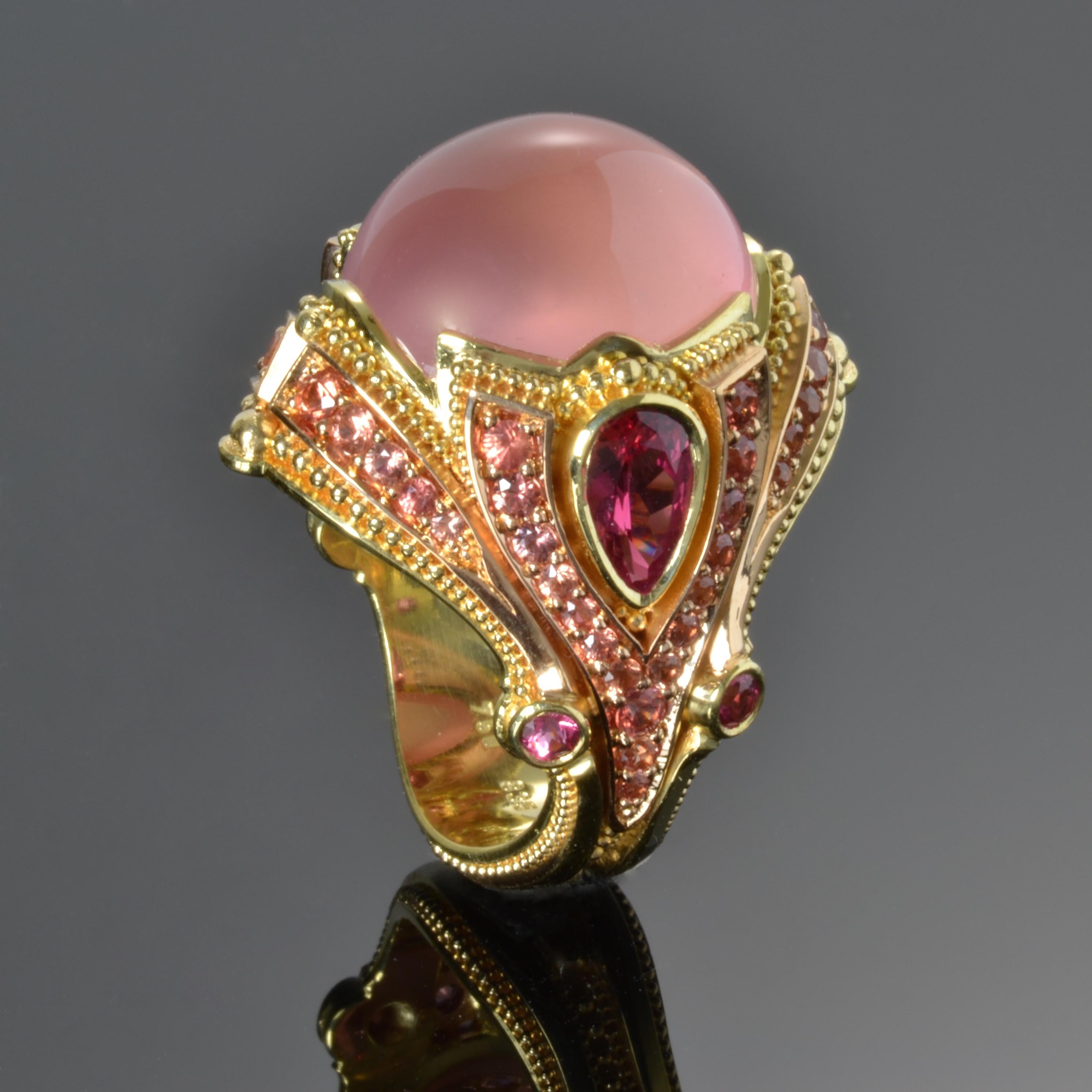 Kent Raible Star Rose Quartz, Spinel and Sapphire 18 Karat Gold Cocktail Ring For Sale 3
