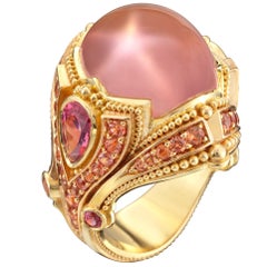 Kent Raible Star Rose Quartz, Spinel and Sapphire 18 Karat Gold Cocktail Ring