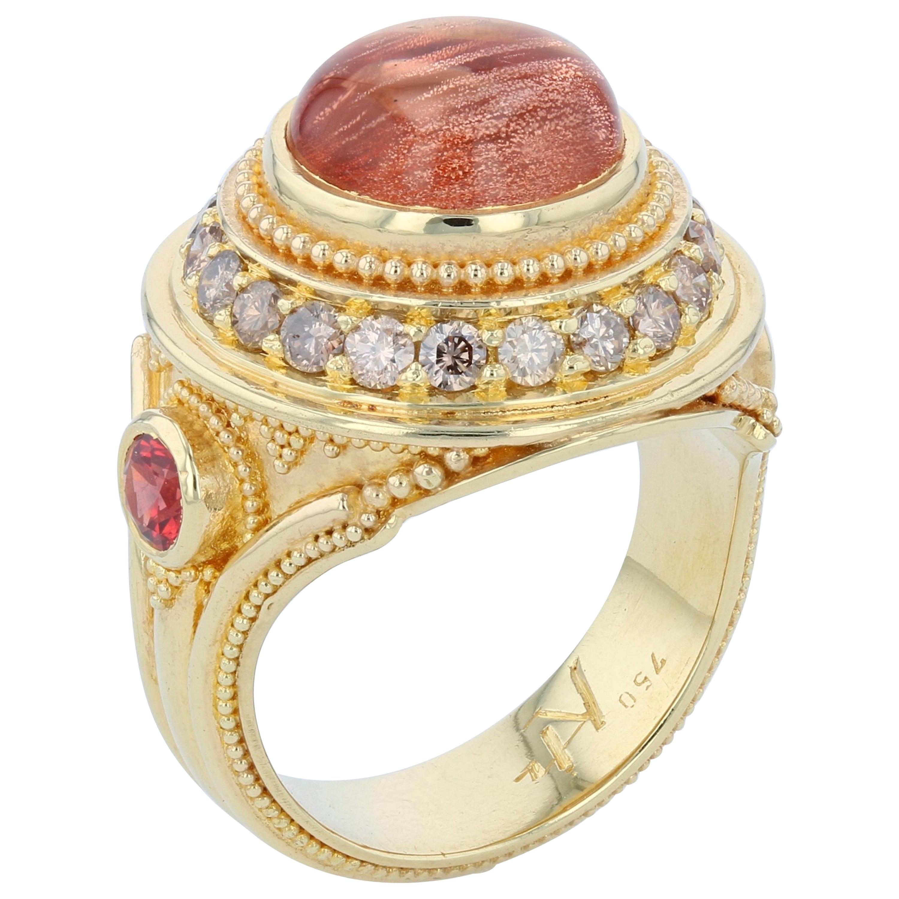 Kent Raible Sunstone Cocktail Ring Cognac Diamonds, Granulation in 18 Karat Gold