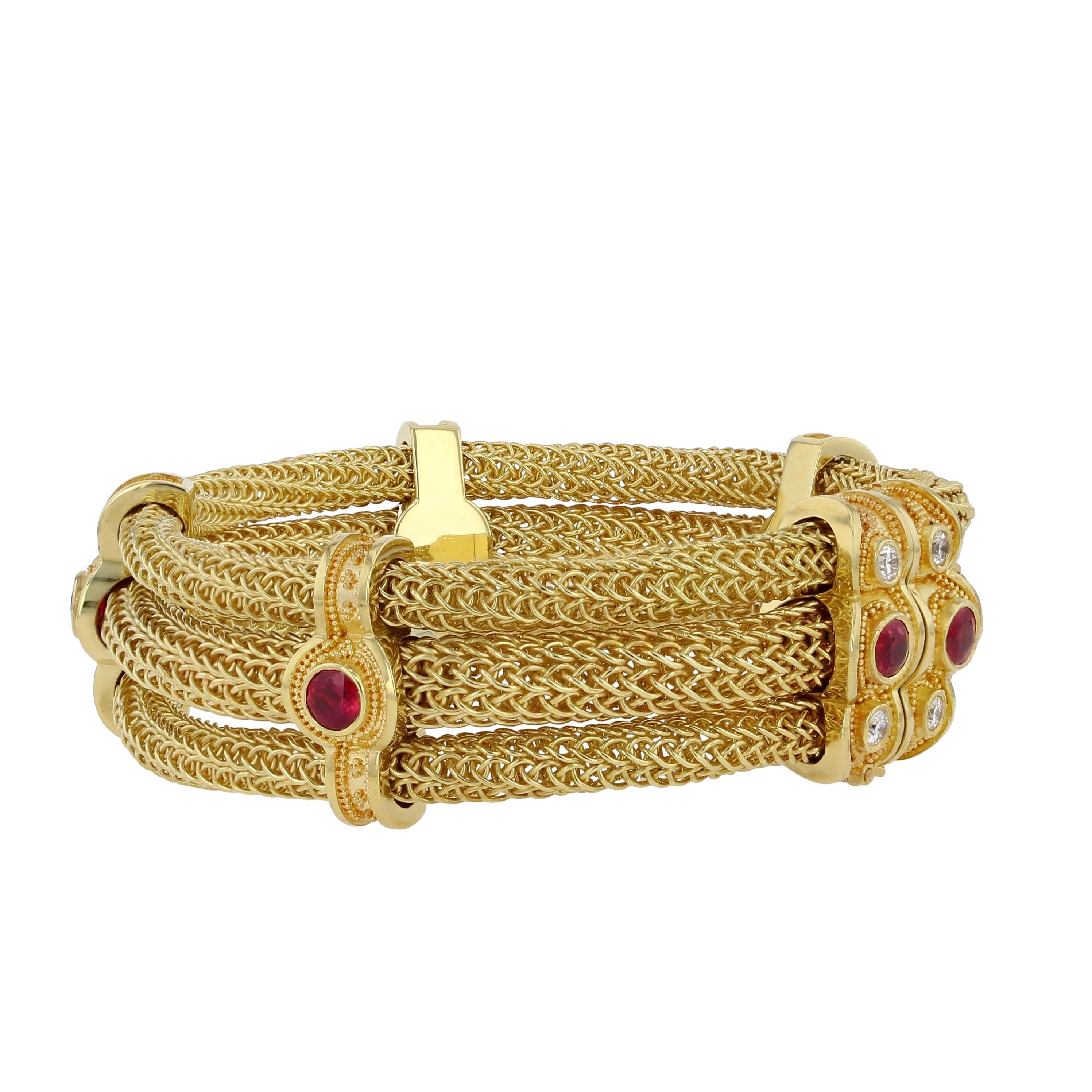 Artigiano Kent Raible Triple Strand Woven Chain Bracelet with Rubies and Diamonds in vendita