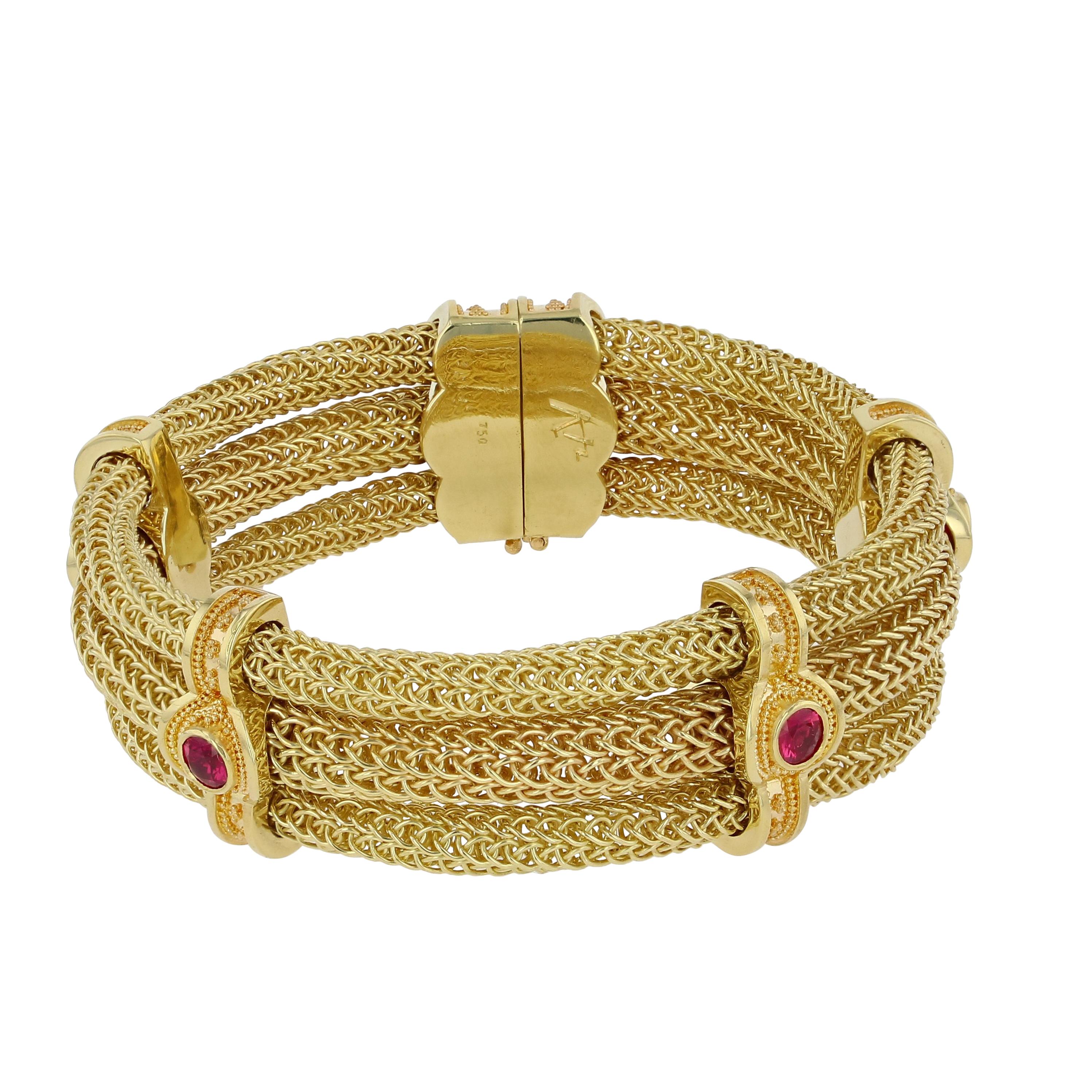 Taglio brillante Kent Raible Triple Strand Woven Chain Bracelet with Rubies and Diamonds in vendita