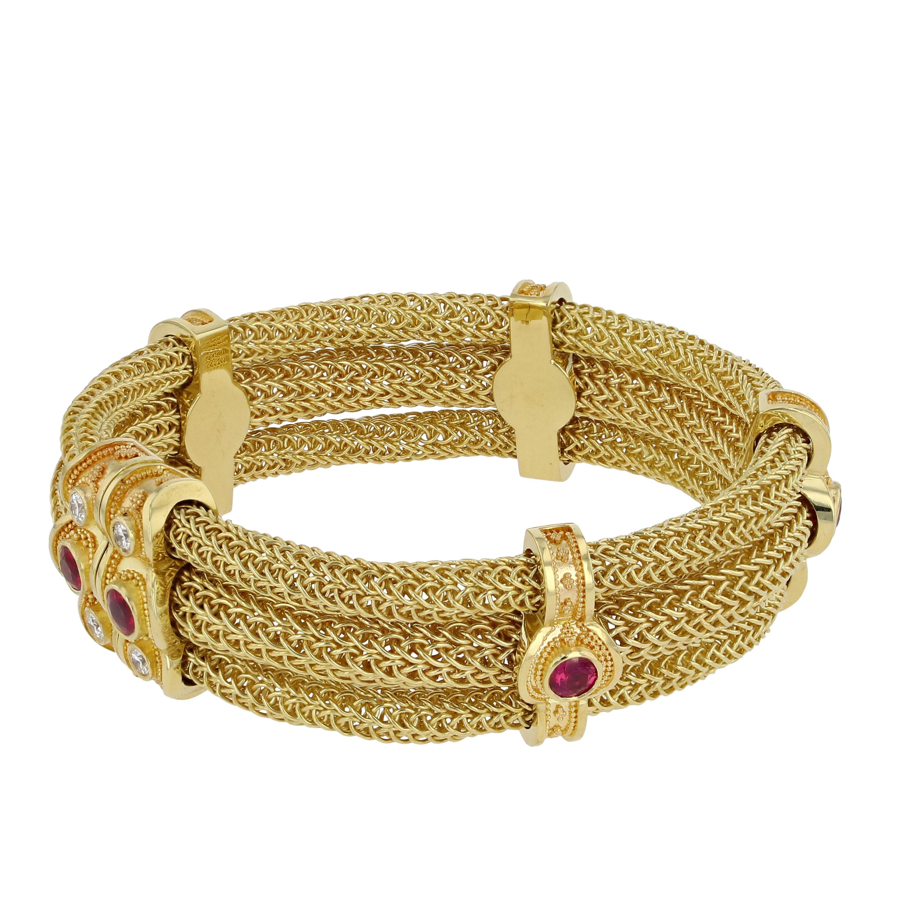 Kent Raible Triple Strand Woven Chain Bracelet with Rubies and Diamonds In condizioni Nuovo in vendita a Mossrock, WA