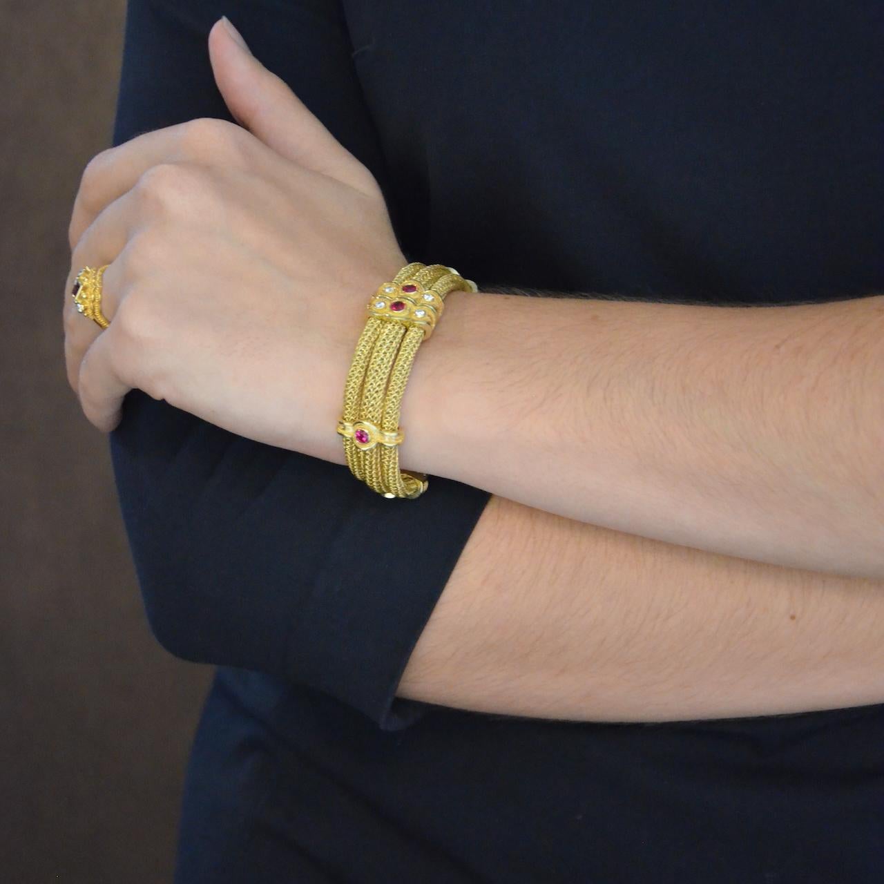 Kent Raible Triple Strand Woven Chain Bracelet with Rubies and Diamonds in vendita 1