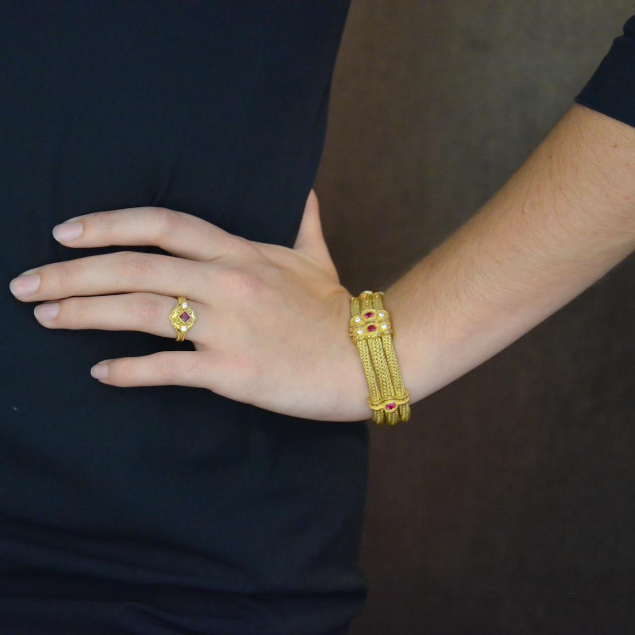 Kent Raible Triple Strand Woven Chain Bracelet with Rubies and Diamonds in vendita 2