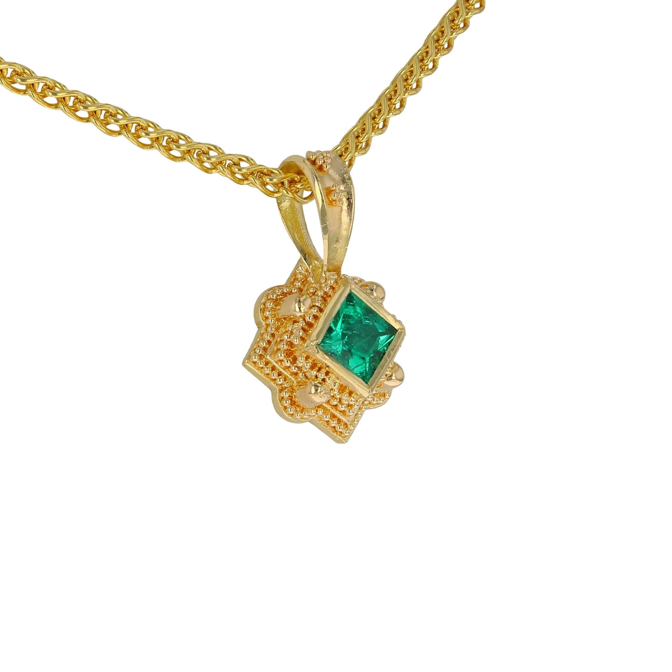 Princess Cut Kent Raible's 18 Karat Gold Emerald Necklace Enhancer Pendant, Granulation