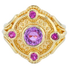 Anello cocktail con zaffiro rosa in oro 18 carati e granulazione fine di Kent Raible