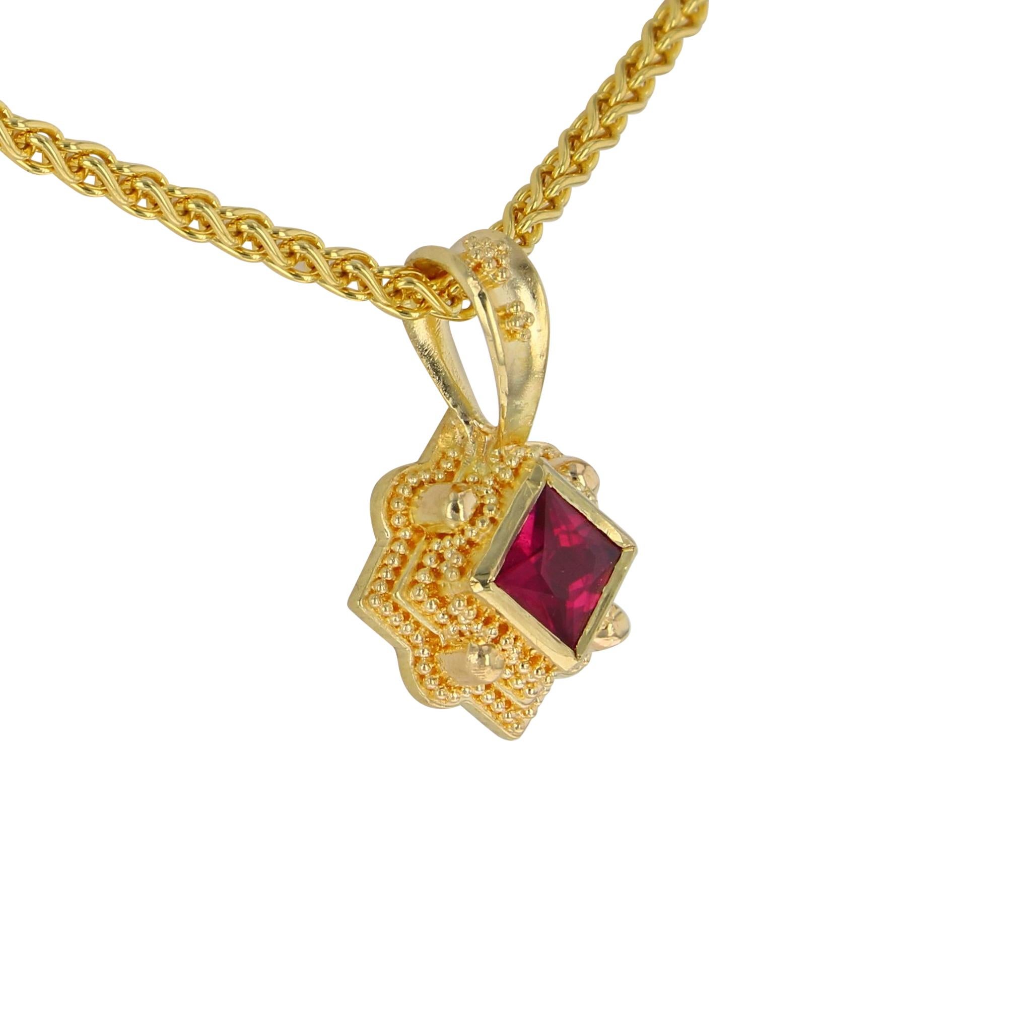 Princess Cut Kent Raible's 18 Karat Gold Ruby Necklace Enhancer Pendant, Granulation For Sale