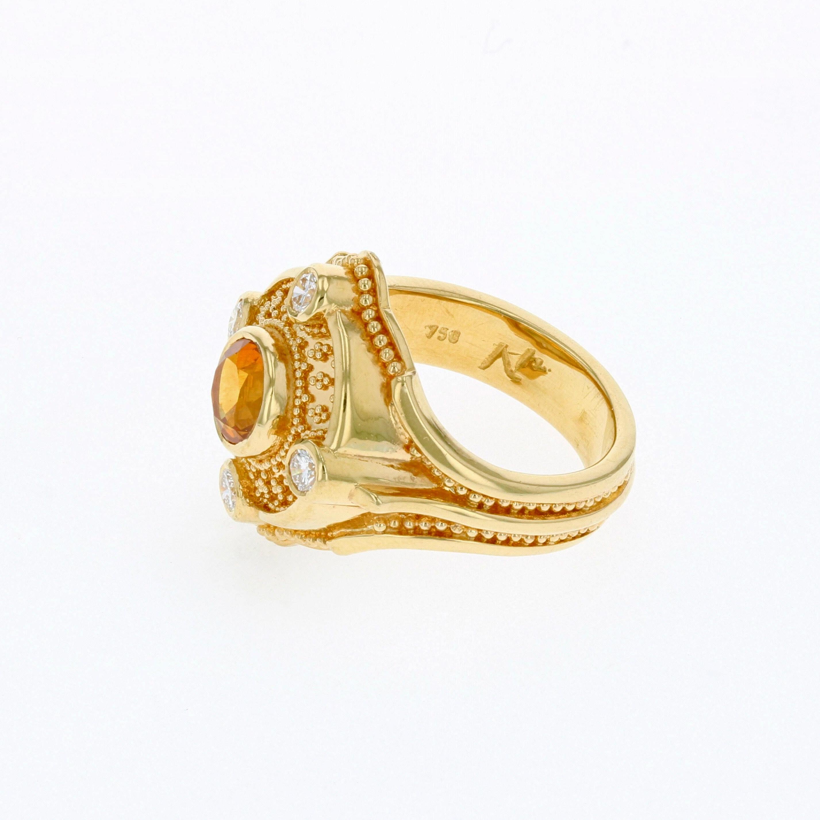 Round Cut Kent Raible's 18Karat Golden Sapphire Diamond and Fine Granulation Cocktail Ring