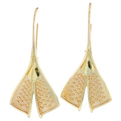Kent Raible's all Gold 'Feather' Drop Earrings with Granulation 18 Karat Gold