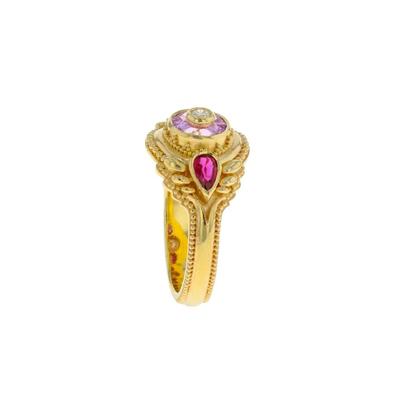 Kent Raible's Bespoke 18k Gold Pink Sapphire, Ruby and Diamond Cocktail Ring For Sale 3