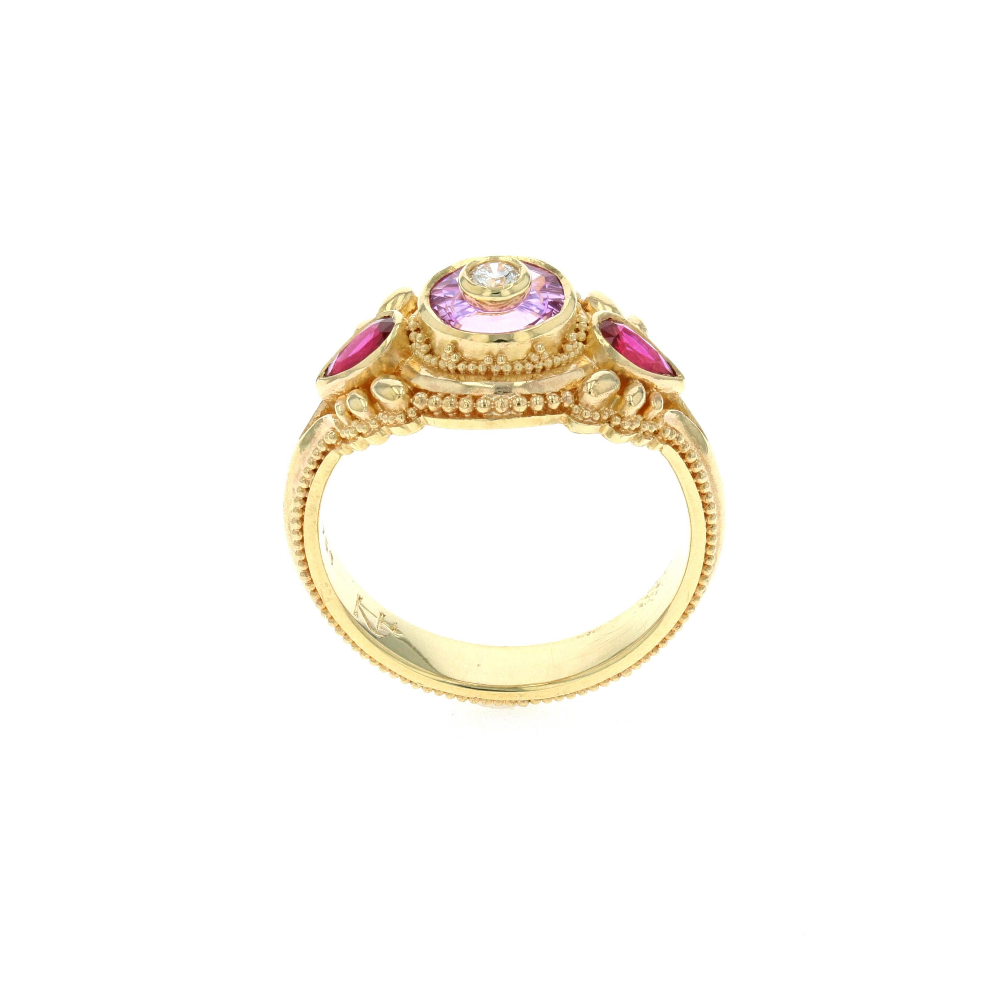 Women's or Men's Kent Raible's Bespoke 18k Gold Pink Sapphire, Ruby and Diamond Cocktail Ring For Sale
