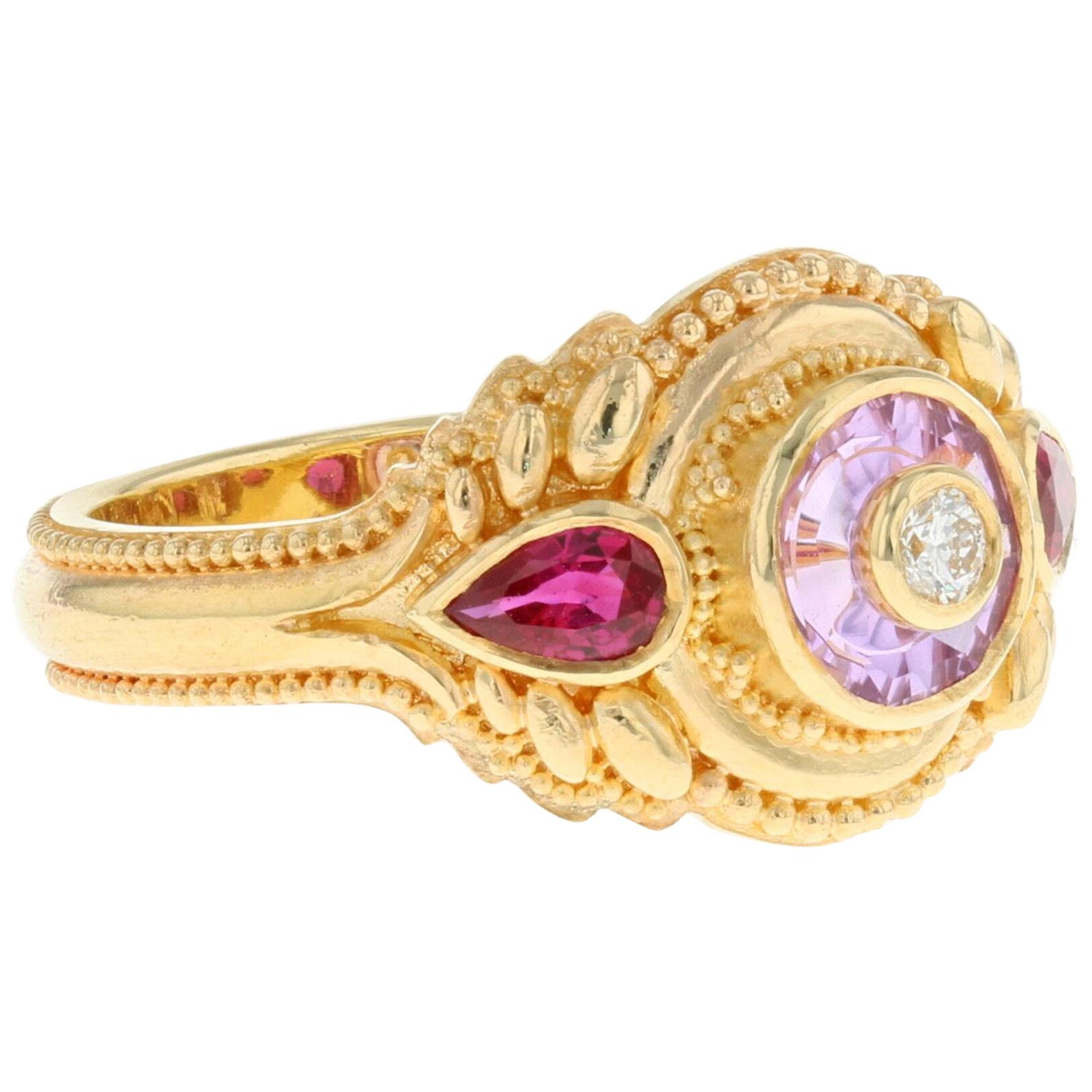 Kent Raible's Bespoke 18k Gold Pink Sapphire, Ruby and Diamond Cocktail Ring For Sale