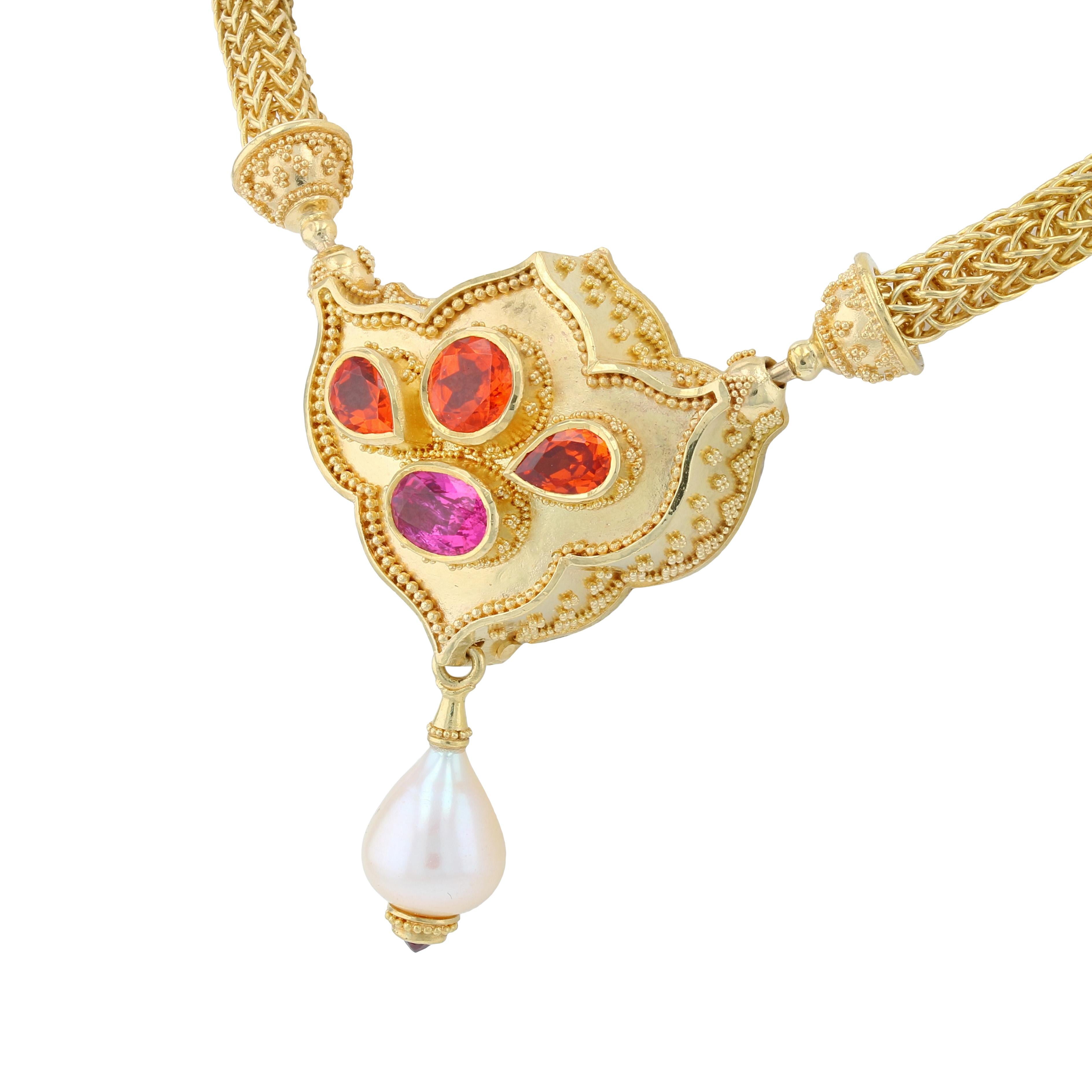 Artisan Kent Raible's Flower Jewel 18K Pendant Necklace with Mandarin Garnets and Spinel For Sale