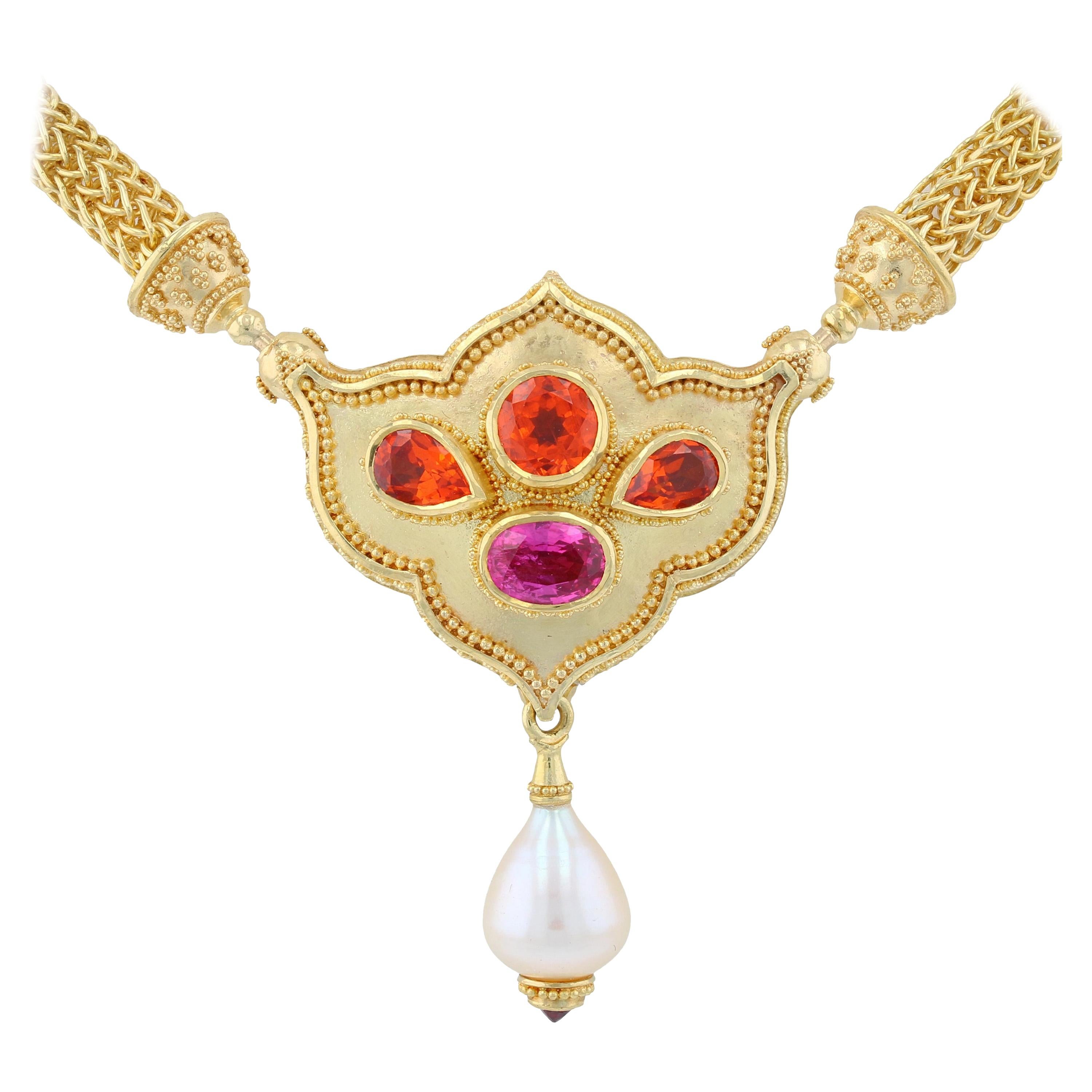 Kent Raible's Flower Jewel 18K Pendant Necklace with Mandarin Garnets and Spinel For Sale