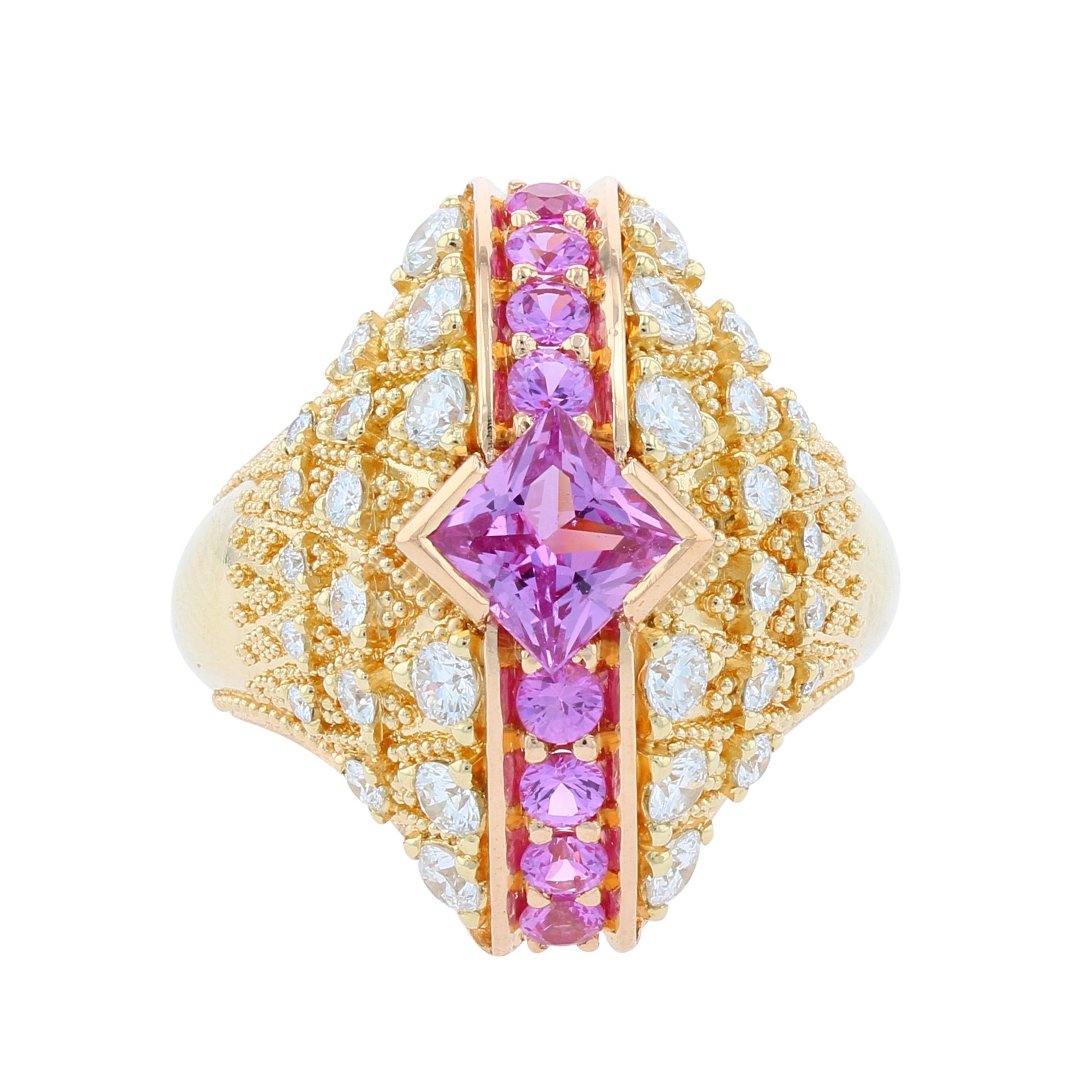 Artisan Kent Raible's Pink Sapphire and Diamond Bombe Fan Ring in 18K, Fine Granulation For Sale