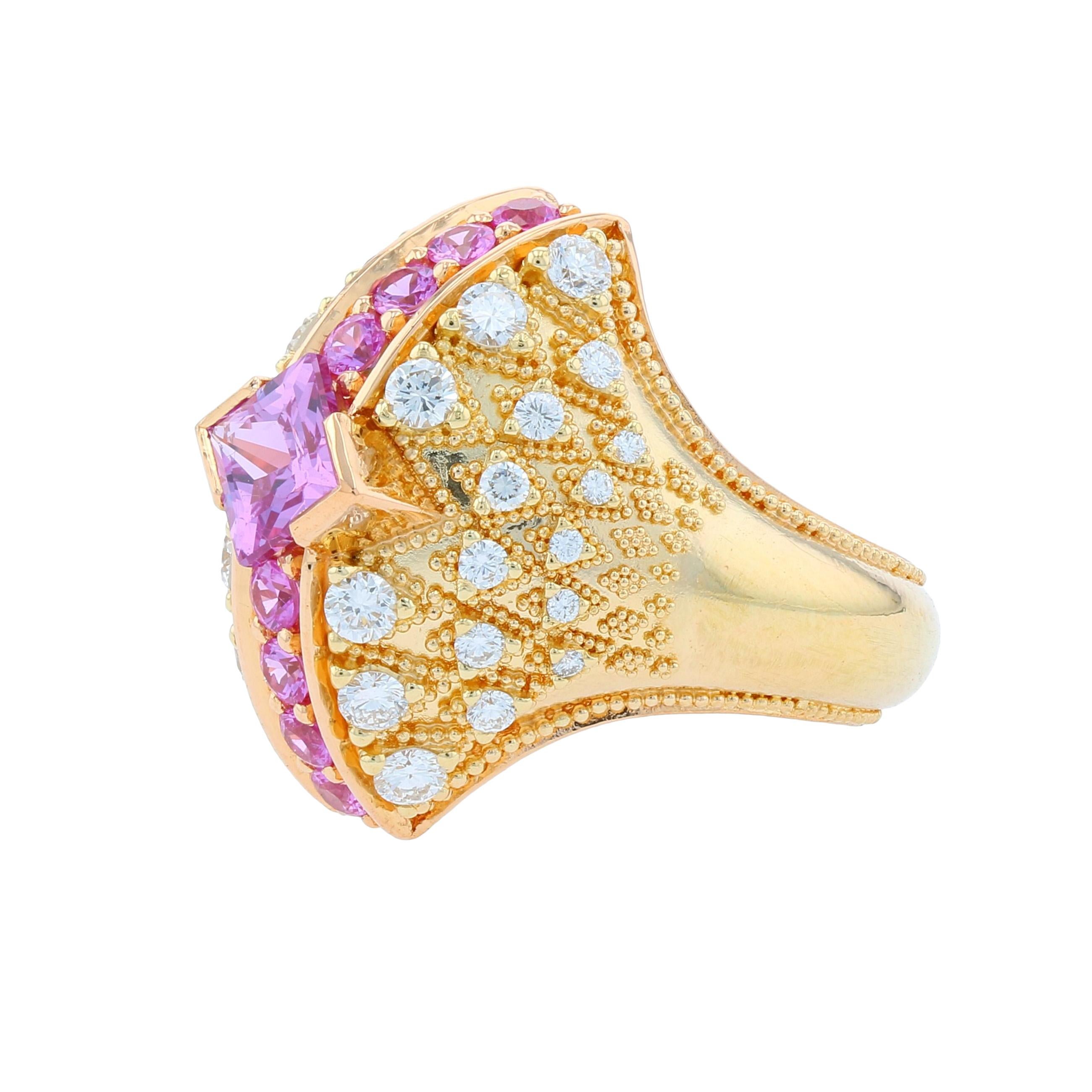 Kent Raible's Pink Sapphire and Diamond Bombe Fan Ring in 18K, Fine Granulation In New Condition For Sale In Mossrock, WA