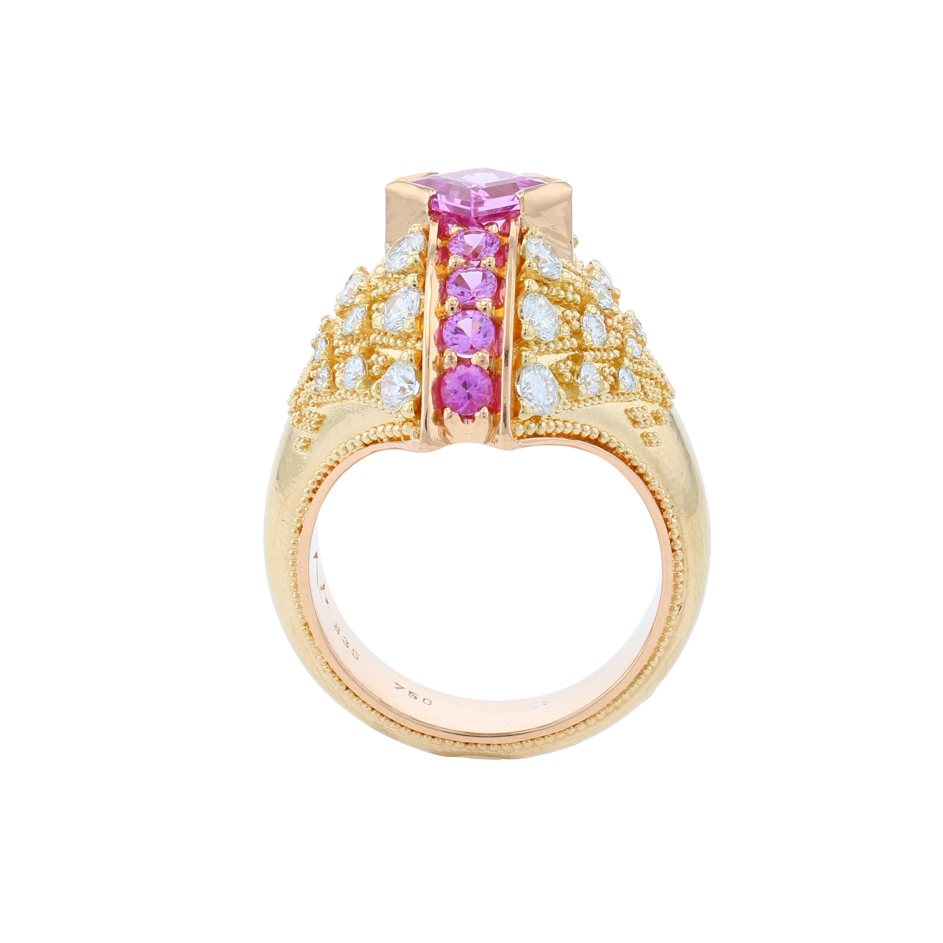 Women's or Men's Kent Raible's Pink Sapphire and Diamond Bombe Fan Ring in 18K, Fine Granulation For Sale
