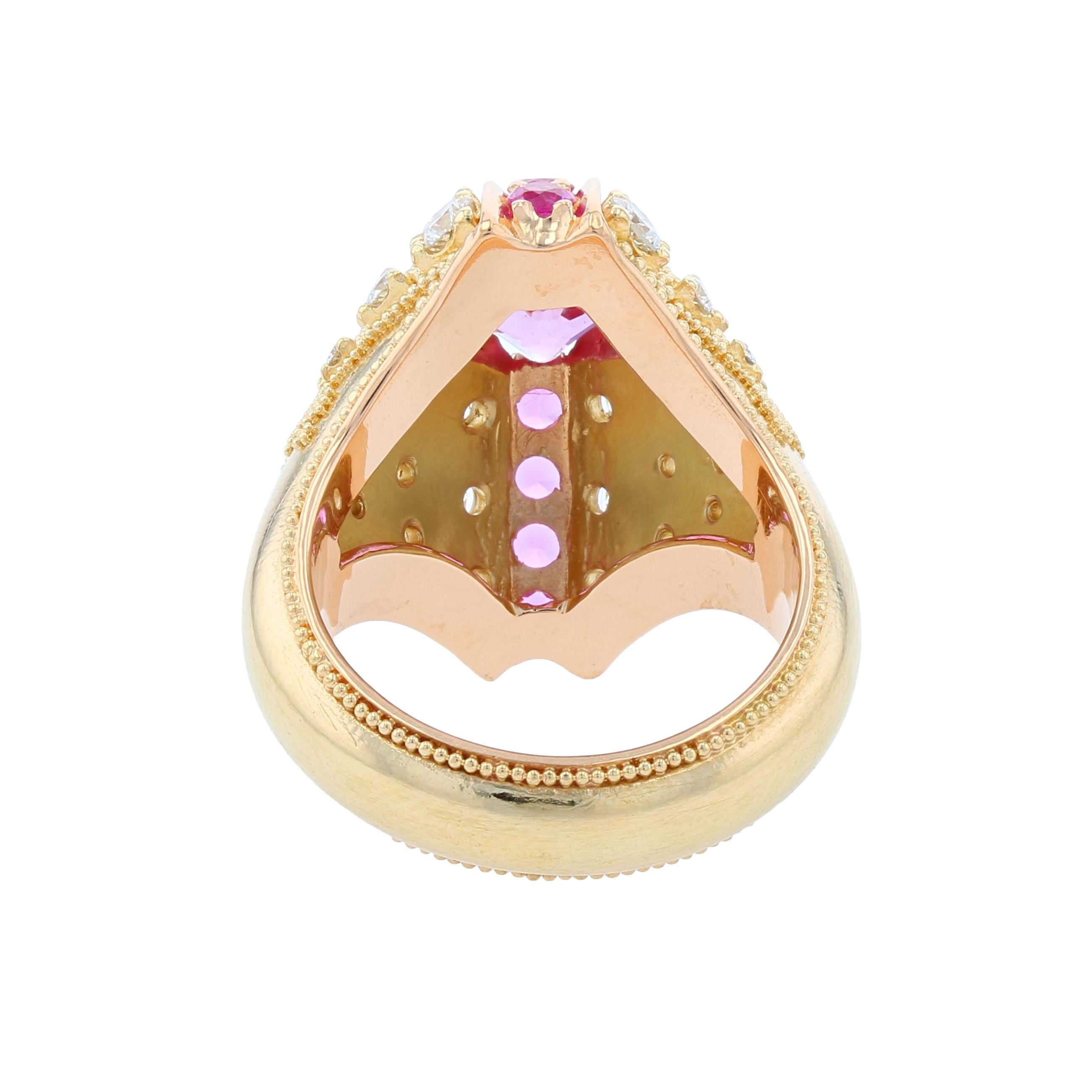 Kent Raible's Pink Sapphire and Diamond Bombe Fan Ring in 18K, Fine Granulation For Sale 1