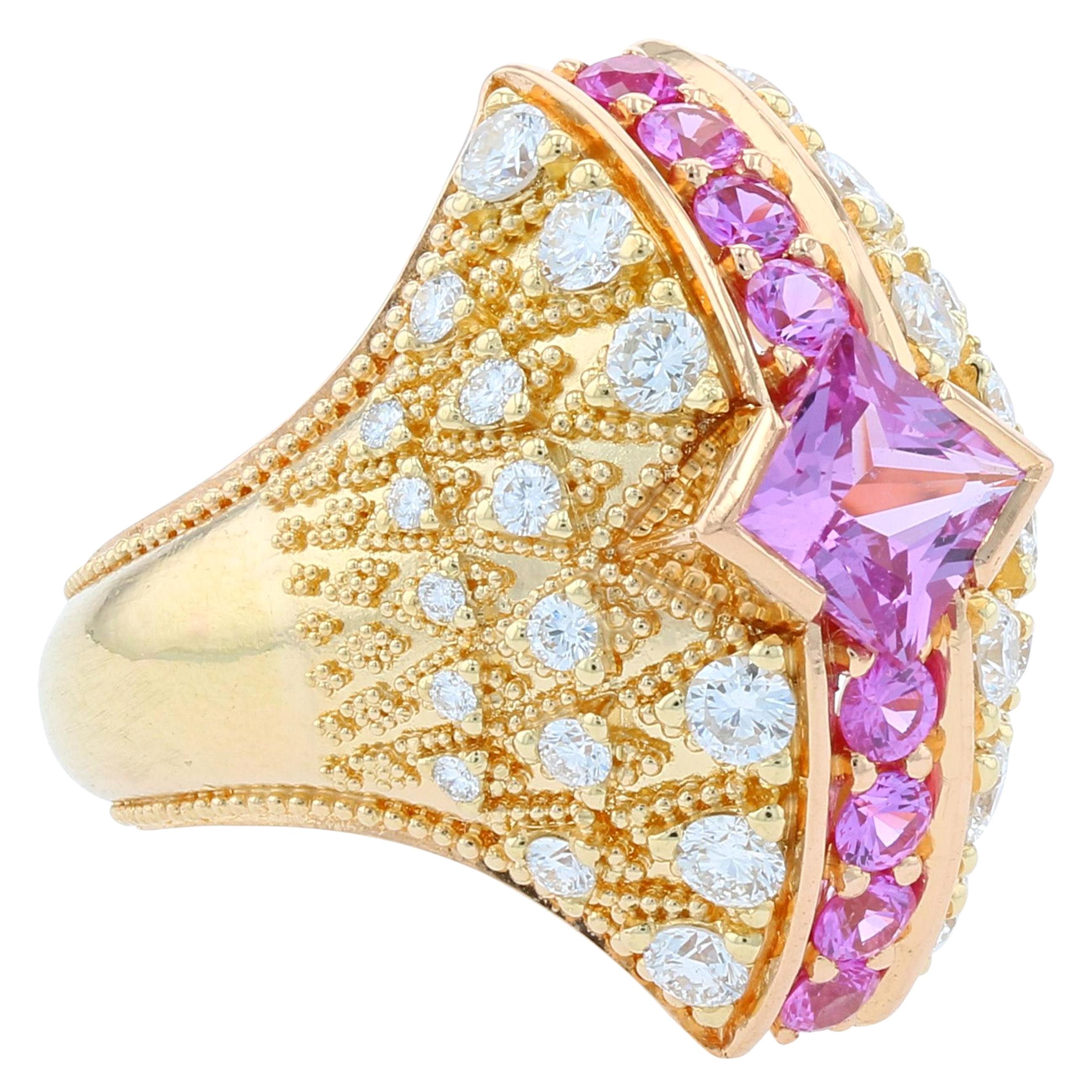 Kent Raible's Pink Sapphire and Diamond Bombe Fan Ring in 18K, Fine Granulation For Sale