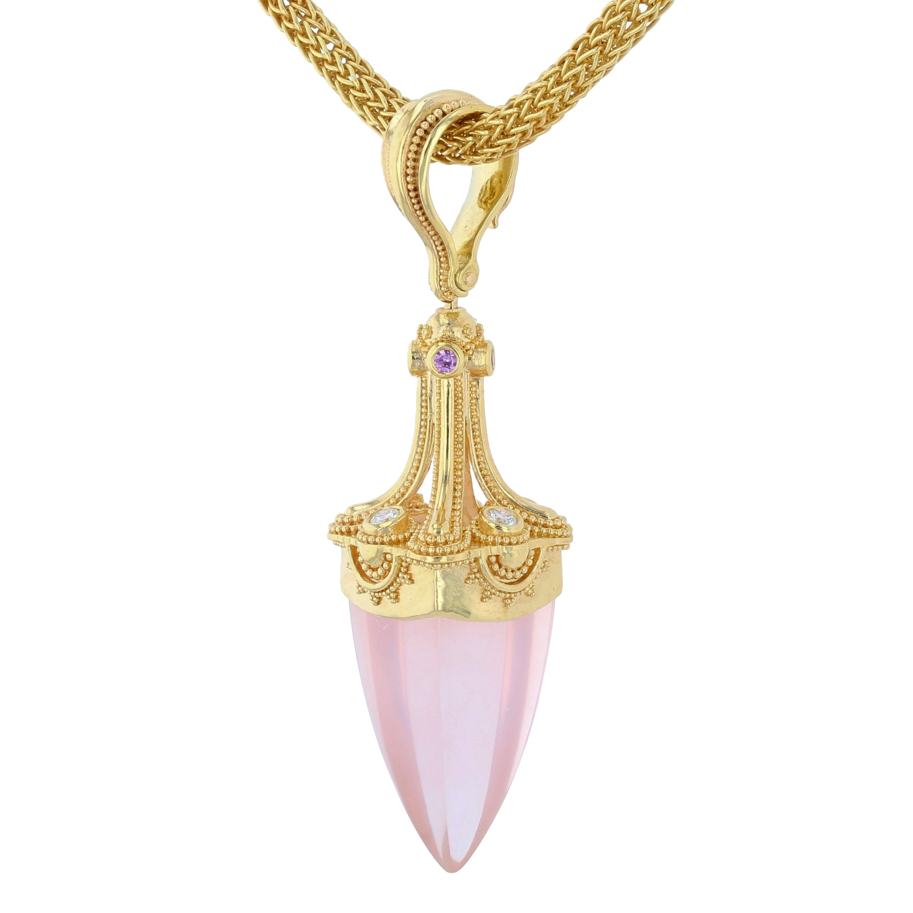 Contemporary Kent Raible's Rose Quartz Diamond Pendulum Drop Pendant 18K Gold, Granulation