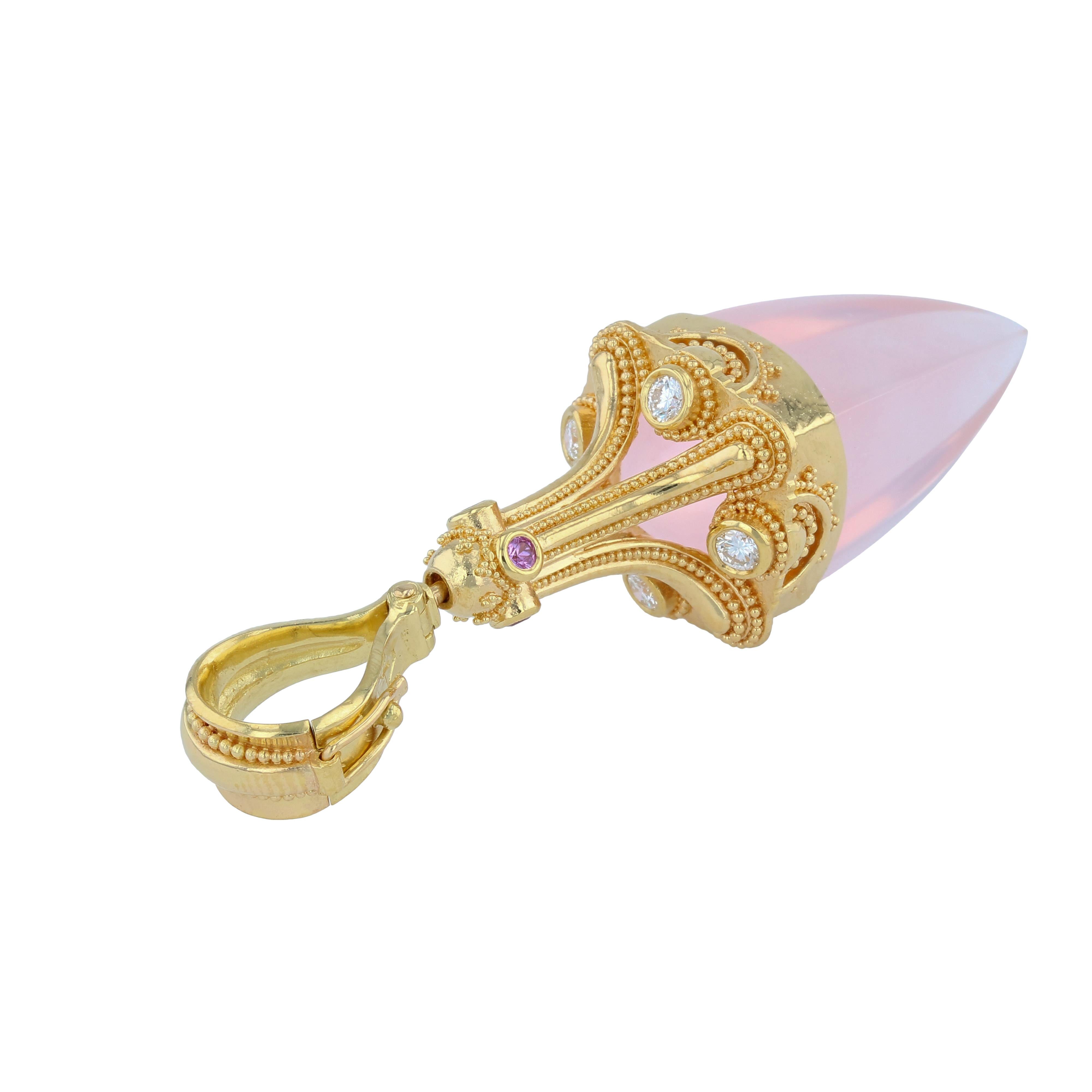 Bullet Cut Kent Raible's Rose Quartz Diamond Pendulum Drop Pendant 18K Gold, Granulation