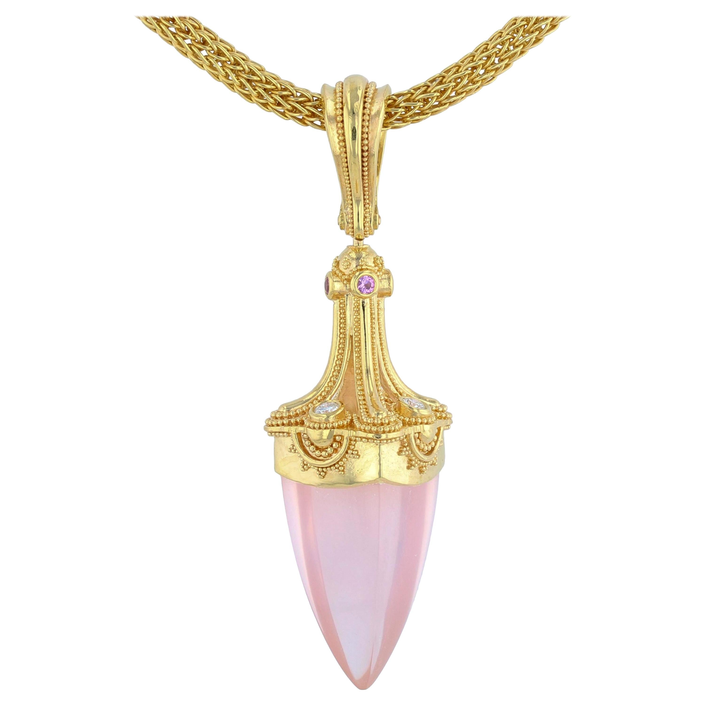 Kent Raible's Rose Quartz Diamond Pendulum Drop Pendant 18K Gold, Granulation