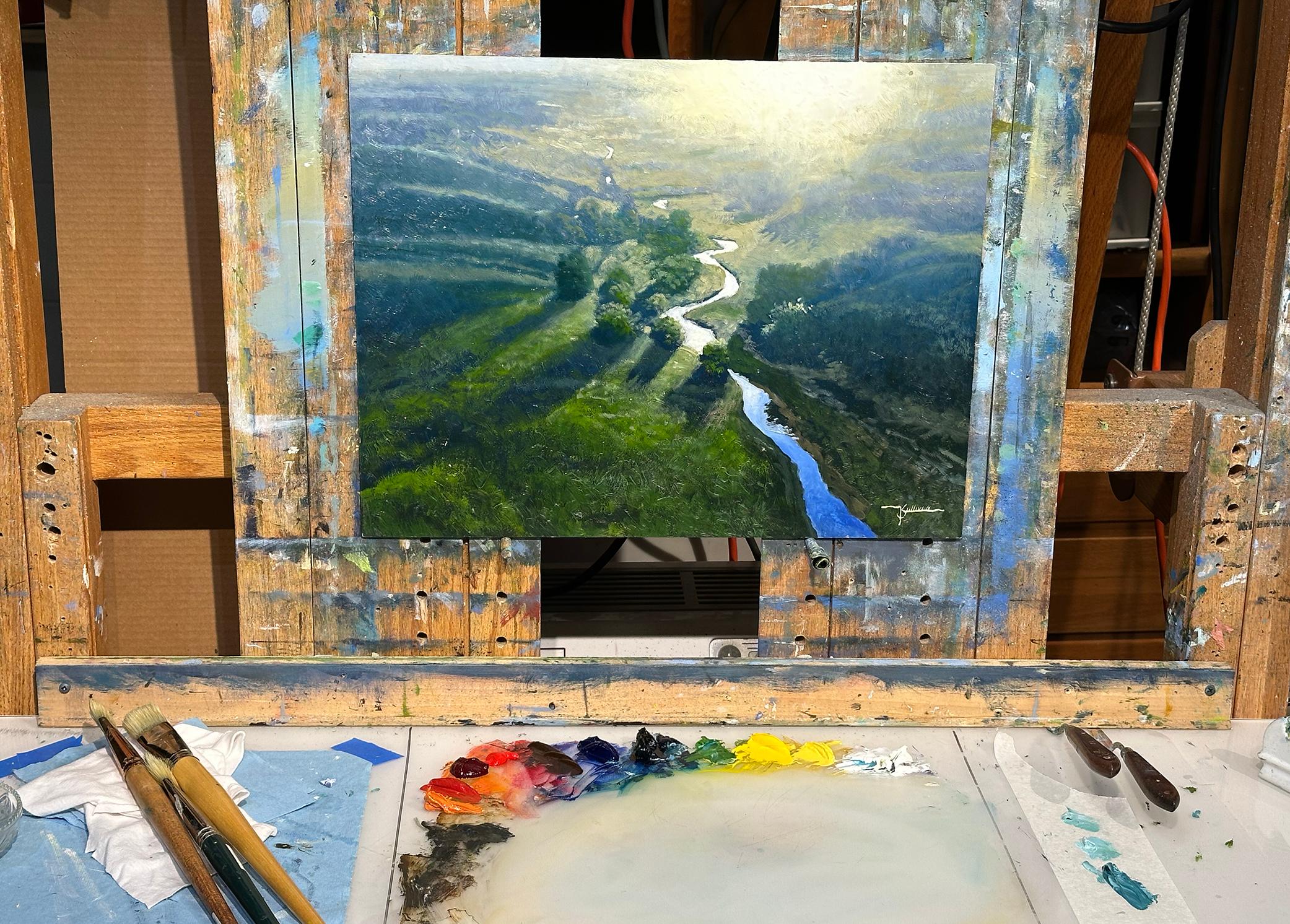 <p>Comentarios del artista<br>El sol atraviesa la bruma matutina, proyectando un cálido resplandor dorado sobre los campos y el serpenteante arroyo. La vista aérea capta la escala, profundidad y riqueza del paisaje. Esta pintura realista conlleva un