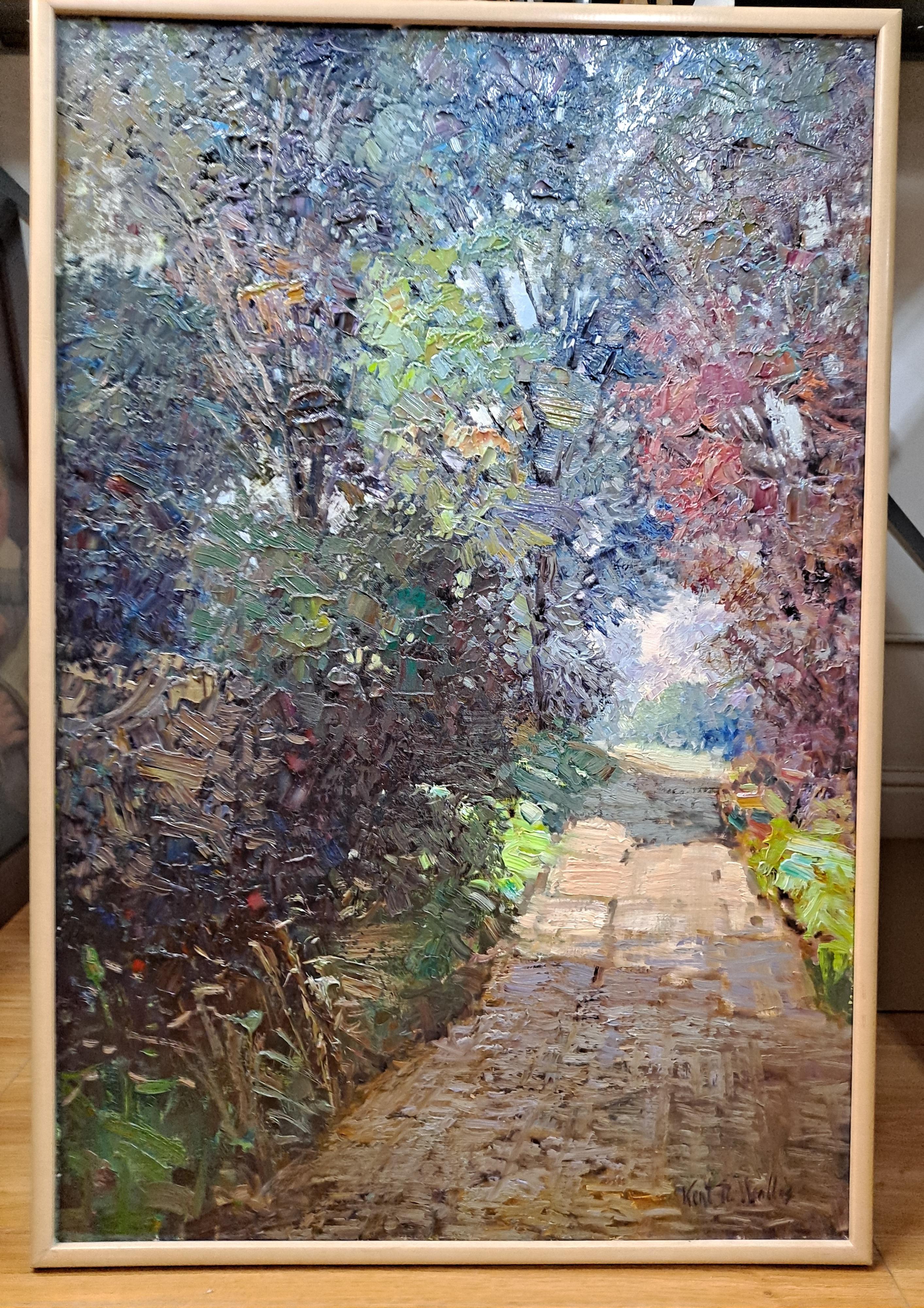 Landscape Painting de Kent Wallis - Kent R Wallis (1945-Activo) "Un carril arbolado" Pintura al óleo sobre lienzo