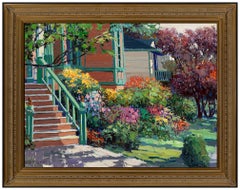 Vintage Kent R Wallis Original Oil Painting On Canvas Signed Large Floral Cityscape Art