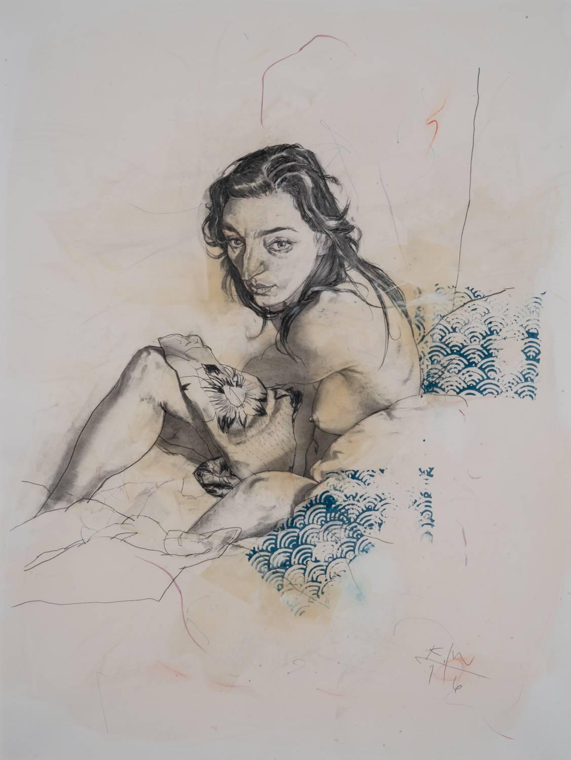 Kent Williams Figurative Art - "Nude with Pattern" Mixed Media Drawing