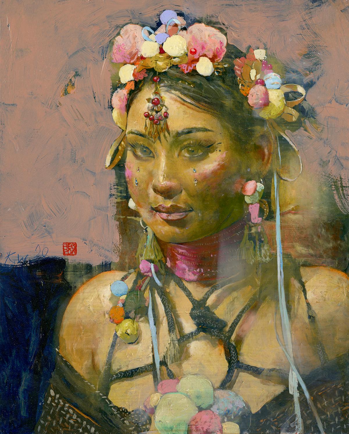 Portrait with Pom-Poms - Painting by Kent Williams