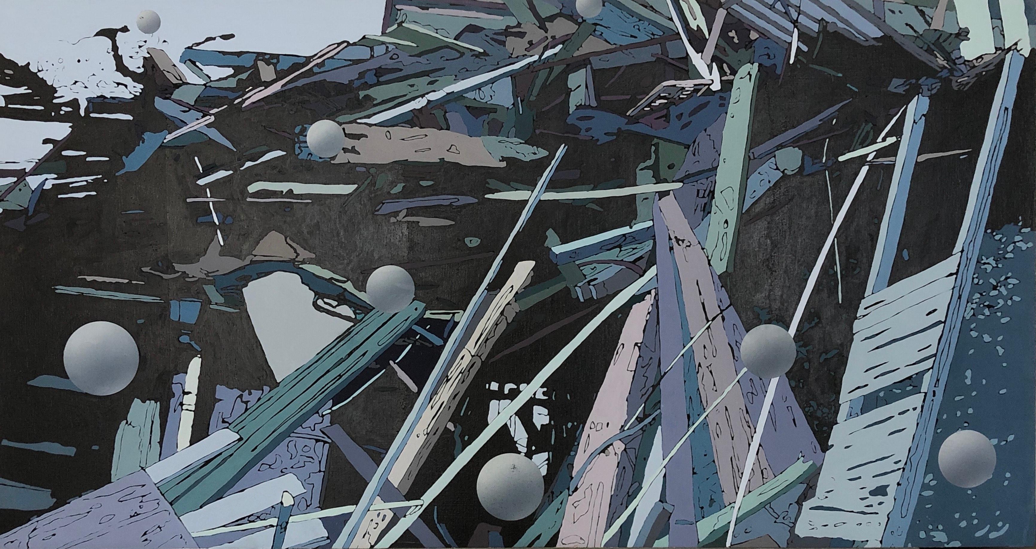 Kentaro Hiramatsu Abstract Painting - Hope House, blue and grey acrylic painting, geometric abstraction