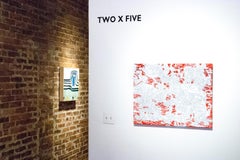 Park-r-1, red and white line drawing, busy city scene, abstracted people