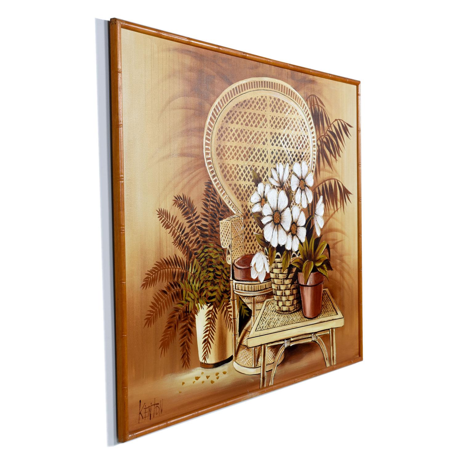 This larger than life oil painting, signed Kenton is steeped in sexy 1970s allure. The wicker peacock chair, which is practically a mascot of 1970s counter culture, stands at center. Balancing the commanding chair is a wicker table abound with white