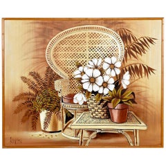 Kenton Wicker Peacock Chair and Table Painting in Faux Bamboo Frame