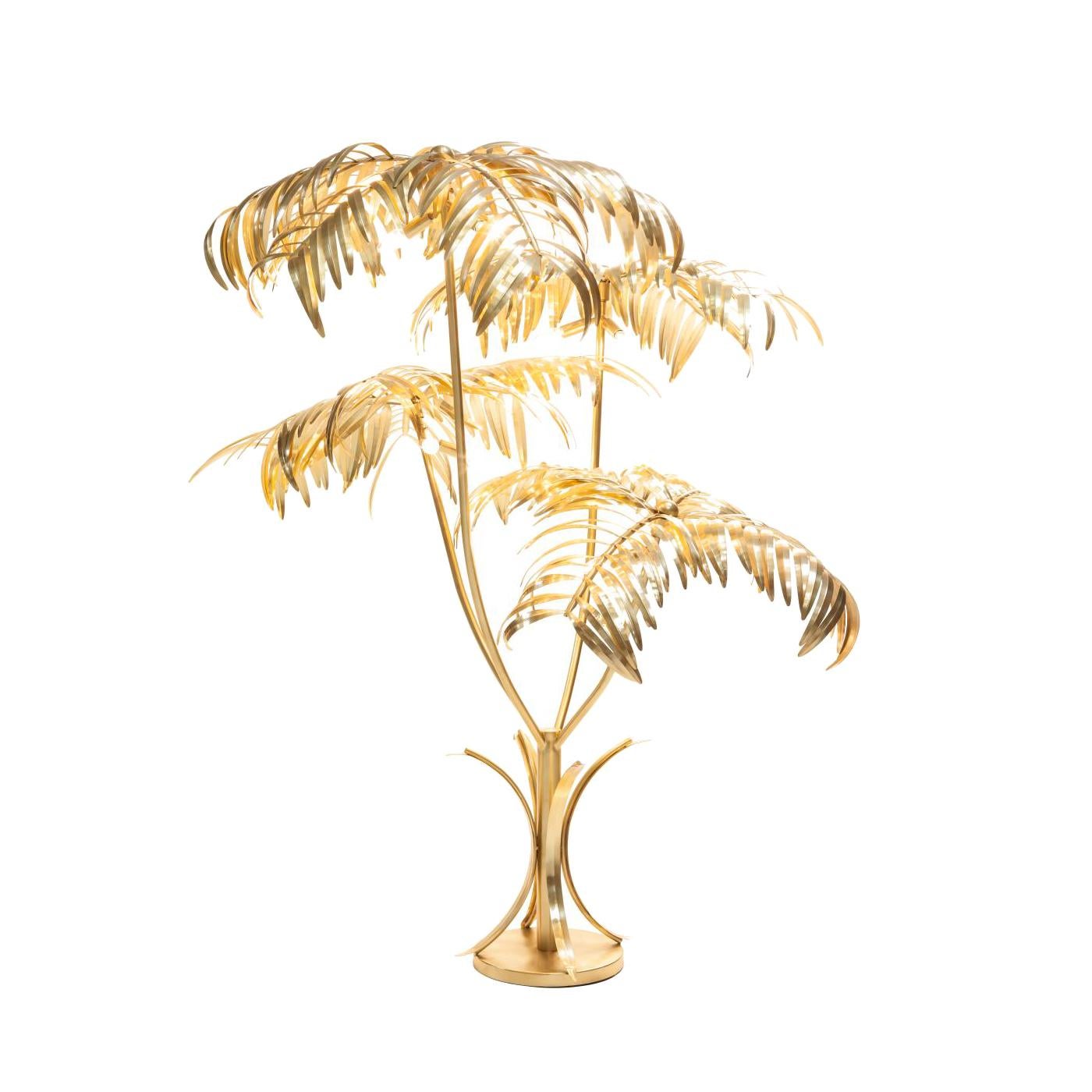 This ornate handcrafted floor lamp will bring a tropical touch to any space, thanks to its branches crafted entirely of polished brass. The base, also in brass, is composed of a circular plate with four curved elements supporting a cylindrical rod,