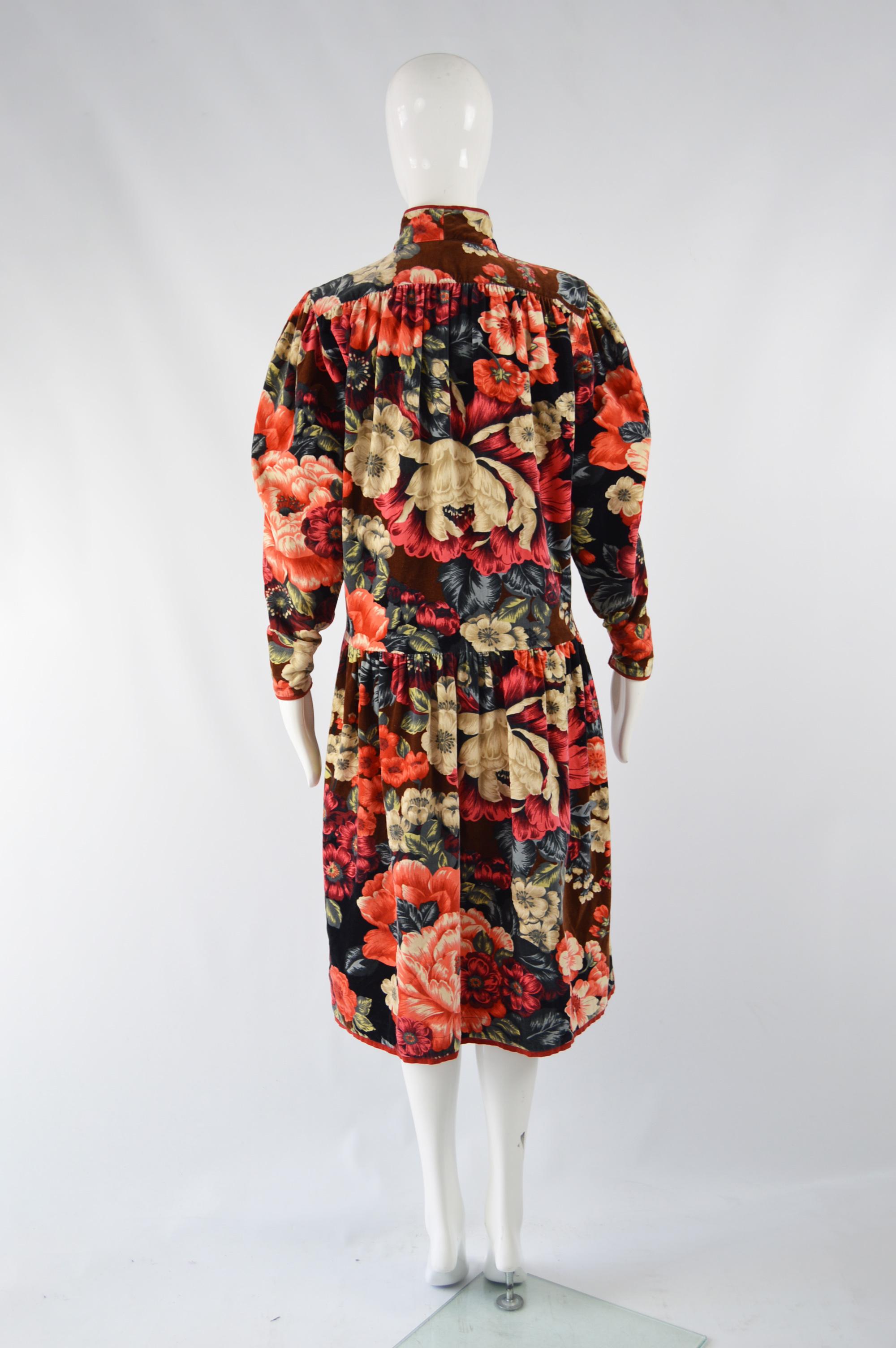 Brown Kenzo 1970s Vintage Velvet Floral Print Dress