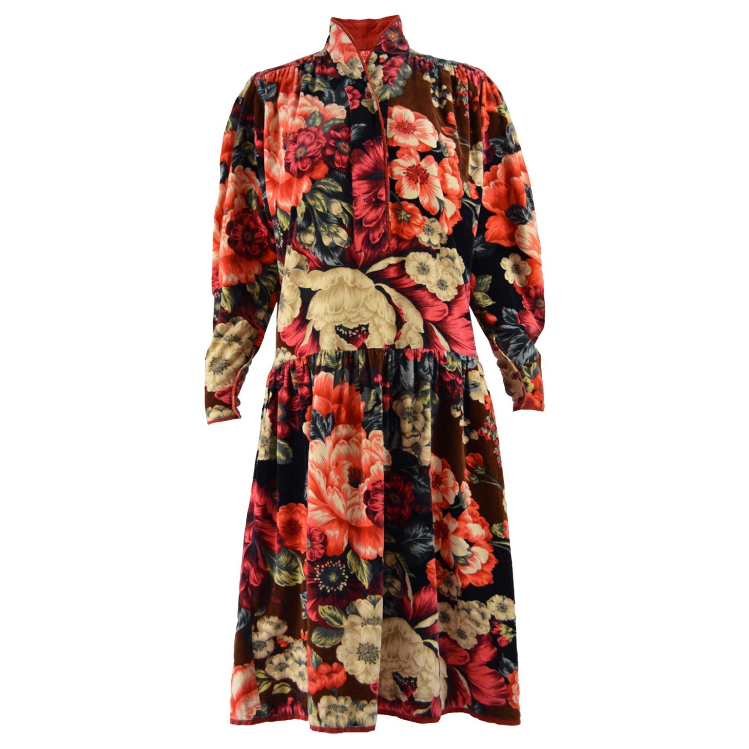 Kenzo 1970s Vintage Velvet Floral Print Dress
