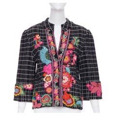 KENZO 2008 Vintage black white grid check wool vibrant floral embroidered jacket