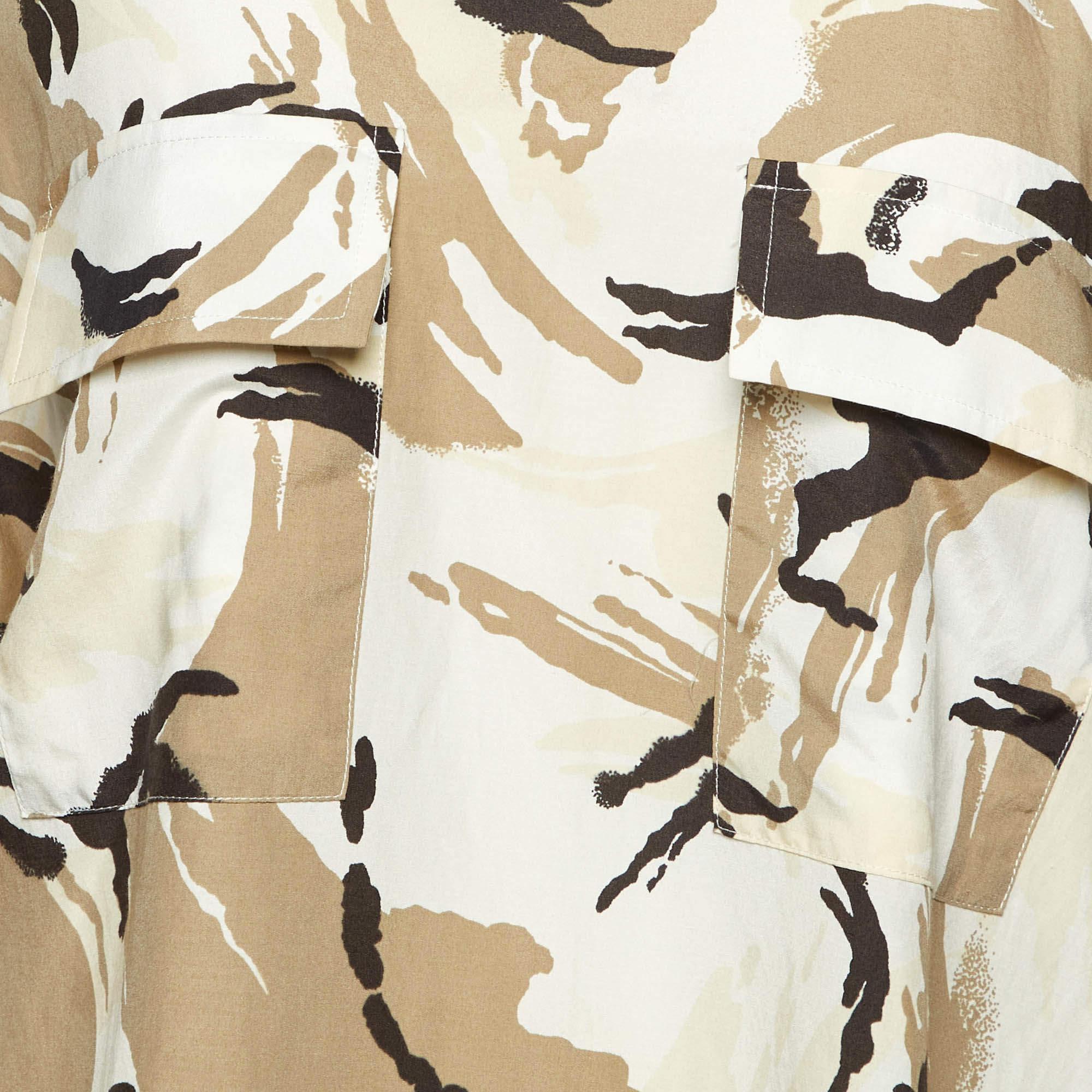 Kenzo Beige Camouflage Print Silk Blend Asymmetric Shirt S In Good Condition For Sale In Dubai, Al Qouz 2