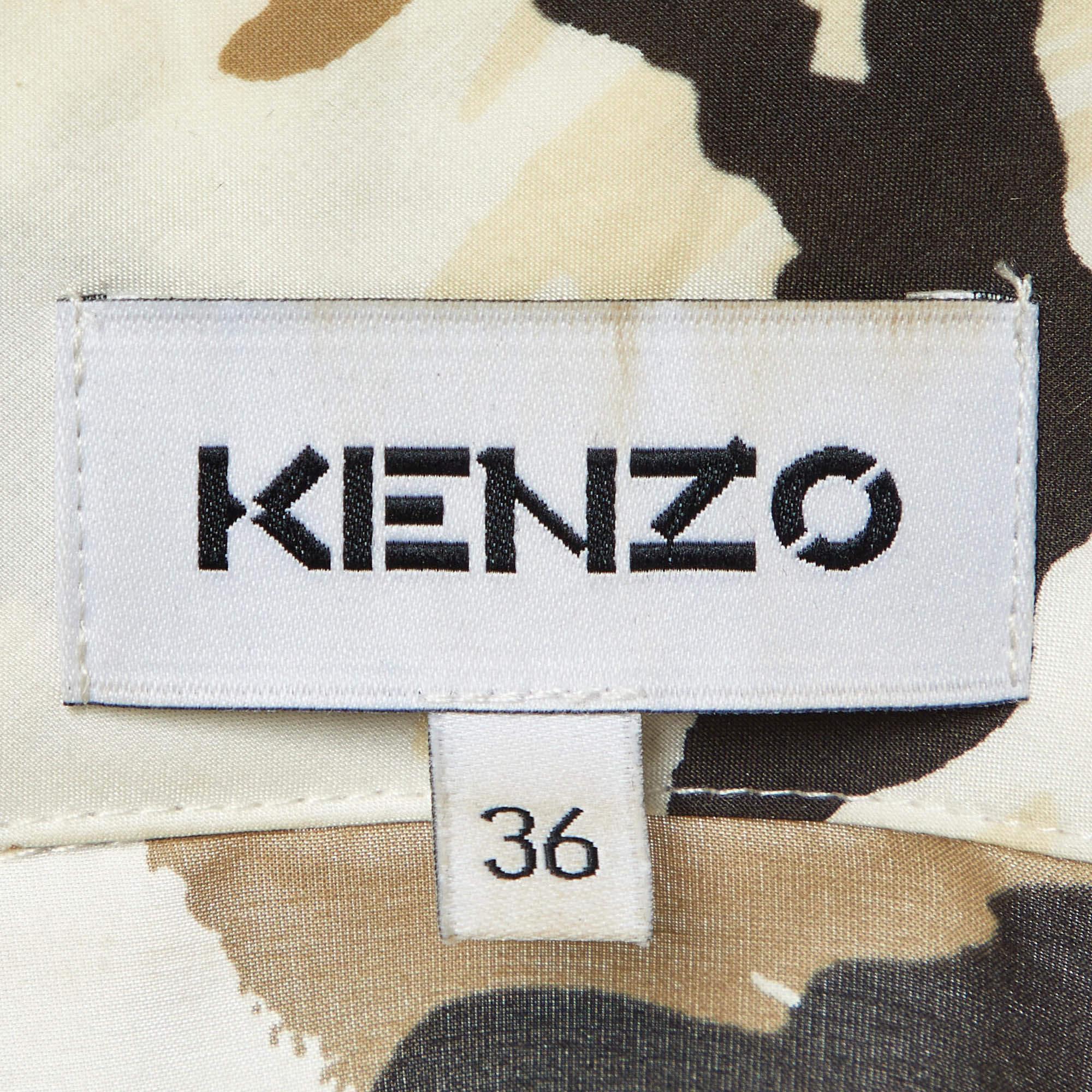 Women's Kenzo Beige Camouflage Print Silk Blend Asymmetric Shirt S For Sale