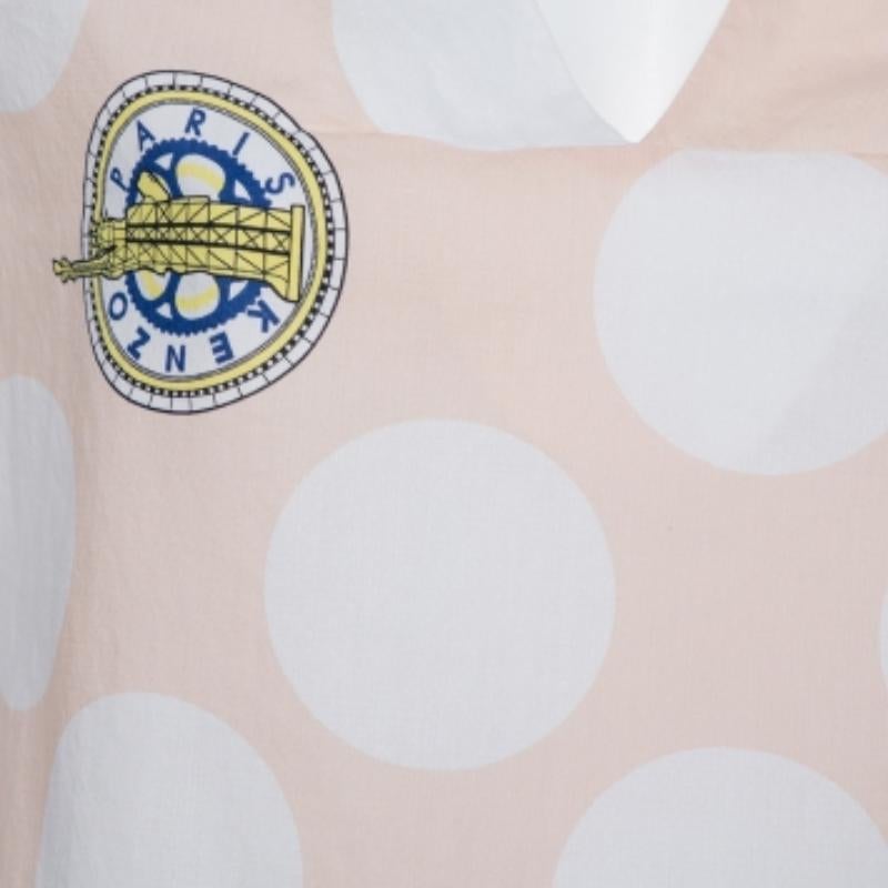 Kenzo Beige Polka Dot Logo Printed Cotton V-Neck Top S In Good Condition For Sale In Dubai, Al Qouz 2